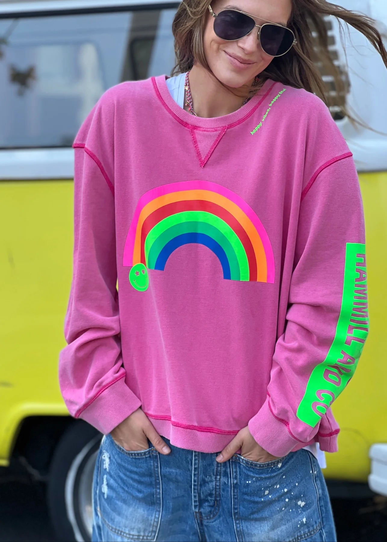 Vintage Rainbow Sweater for Women - Soft Washed Pink Cotton Pullover | Perfect for Casual Outfits, Fall Layering & Cozy Winter Wear