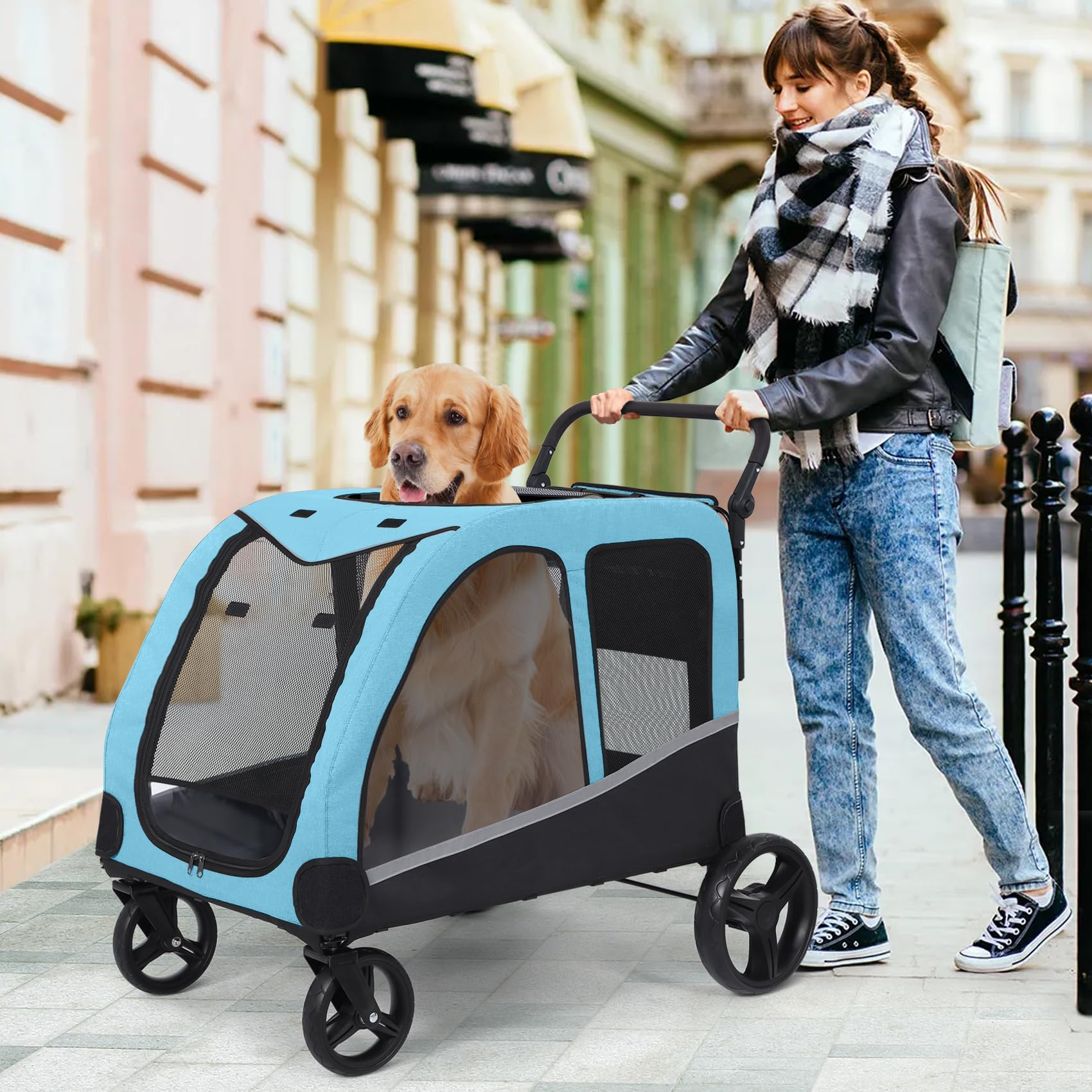 **Extra Large Pet Stroller for Medium & Large Dogs - Foldable, Adjustable Handle, 160 lbs Capacity - Perfect for Walks, Travel & Vet Visits**