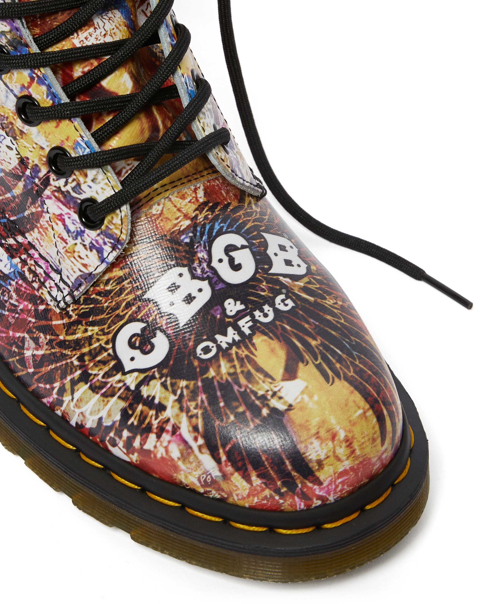 Dr. Martens 1460 CBGB x OMFUG Multi-Black Leather Combat Boots - Punk Rock Style Unisex Lace-Up Ankle Boots for Concerts, Streetwear & Alternative Fashion
