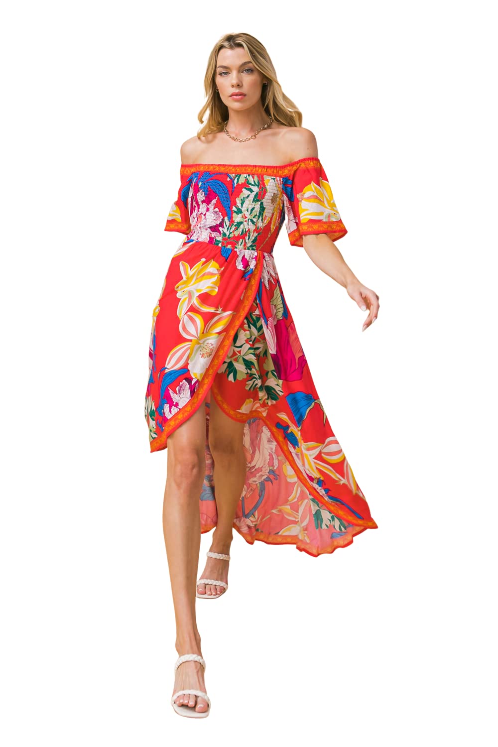 Bohemian Off Shoulder Maxi Dress - Tropical Floral Print Smocked Summer Dress with Hi-Low Hem | Perfect for Beach Vacations, Music Festivals and Boho Chic Outfits