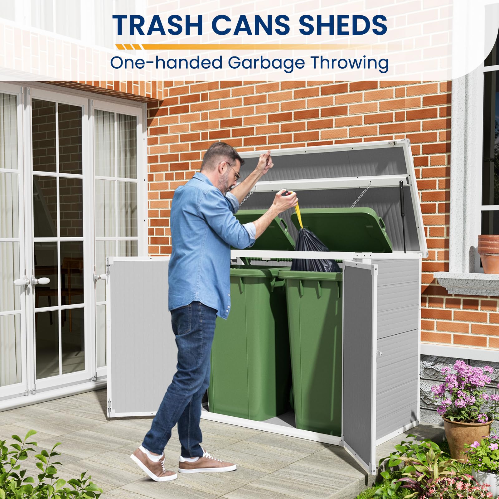 Amopatio 41 Cu Ft Horizontal Outdoor Storage Shed - Durable Resin Trash Can & Garden Tool Organizer - Weatherproof Grey Shed for Lawn Mowers, Patio Furniture & Backyard Storage | Perfect for Garage Organization, Yard Maintenance & Seasonal Item Protection