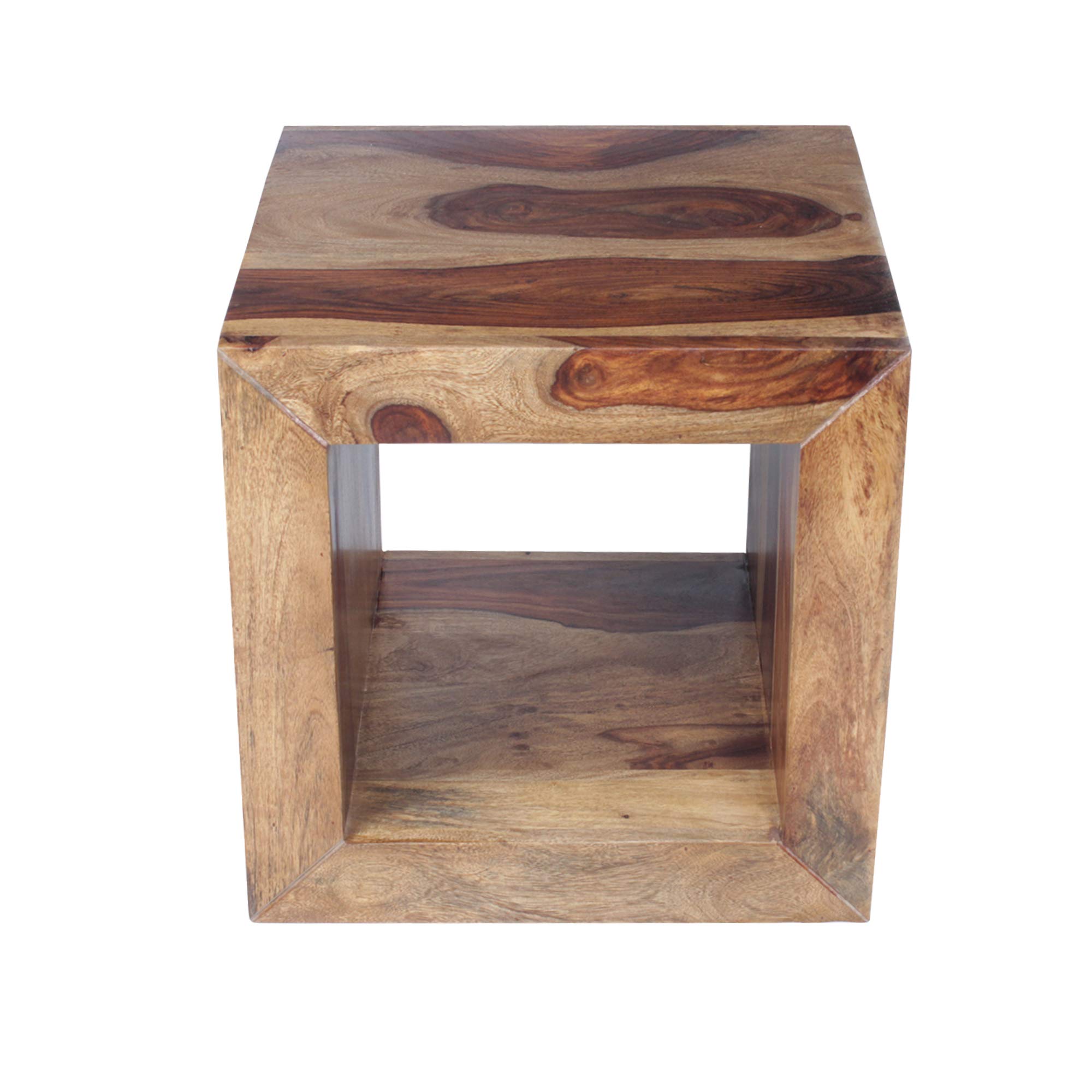 Modern Cube-Shaped Rosewood Side Table with Cutout Bottom - Brown Wooden End Table for Living Room, Bedroom & Office Decor | Compact Urban Furniture for Small Spaces