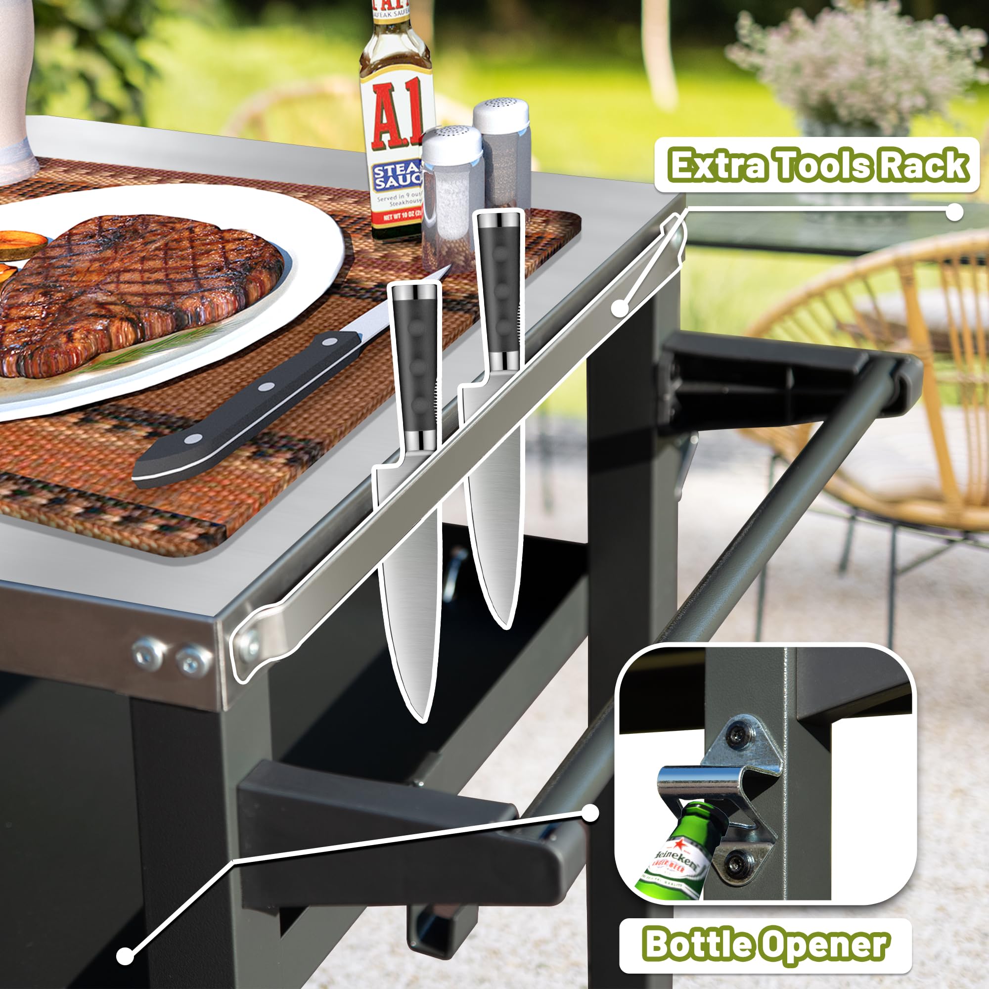 Domi 3-Tier Outdoor Grill Cart with Wheels - Stainless Steel Pizza Oven & Food Prep Station - Blackstone Griddle Stand for Backyard BBQ, Patio Cooking & Tailgating Parties