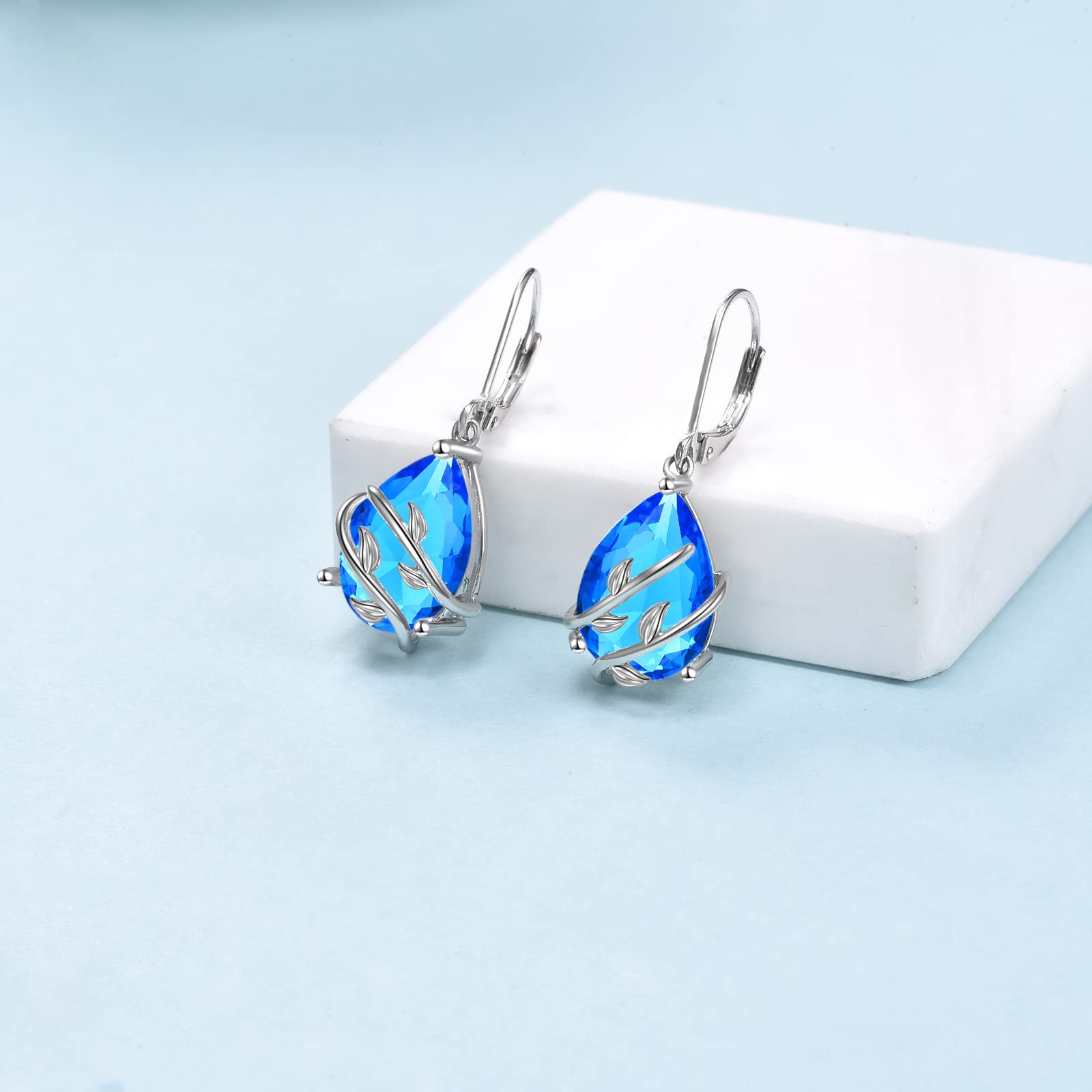 Sterling Silver Teardrop CZ Earrings with December Birthstone - Blue Leaf Drop Dangle Earrings for Women | Perfect for Holiday Gifts, Parties & Special Occasions