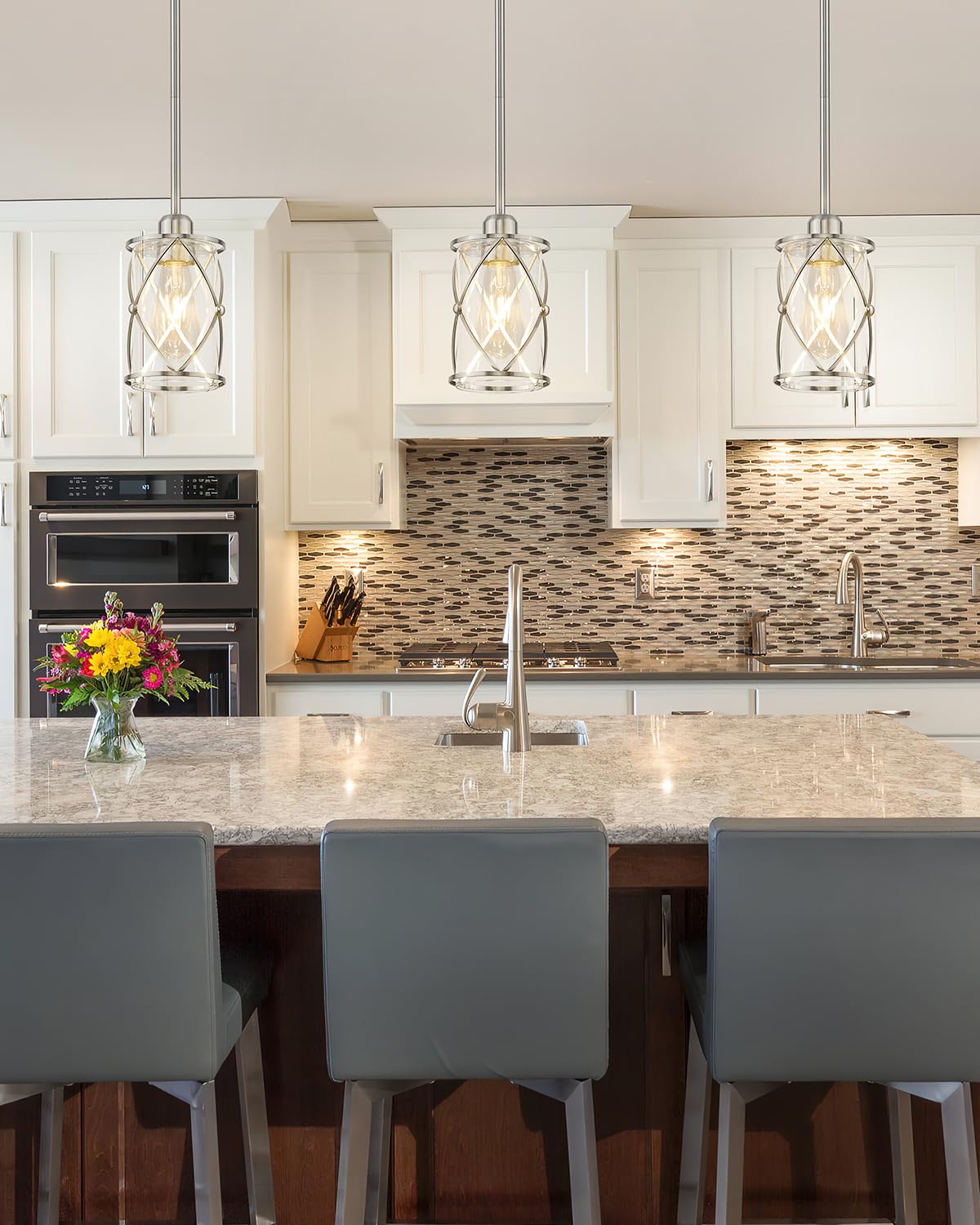Brushed Nickel Pendant Lights 3 Pack - Modern Glass Kitchen Island Lighting with Adjustable Rod, Mini Hanging Lights for Kitchen Sink, Dining Room, Bar Counter - Perfect for Home, Restaurant, and Cafe Decor (CH9176BN-3PK)