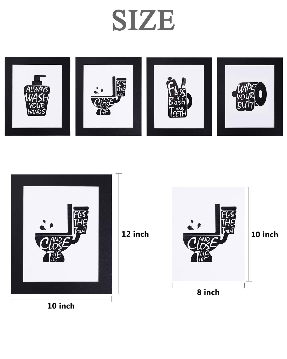Joysnana Funny Bathroom Wall Art Prints Set of 4 - 8x10 Inch Black & White Canvas Posters with Paper Frames - Perfect for Bathroom Decor, Home Office & Gift Giving