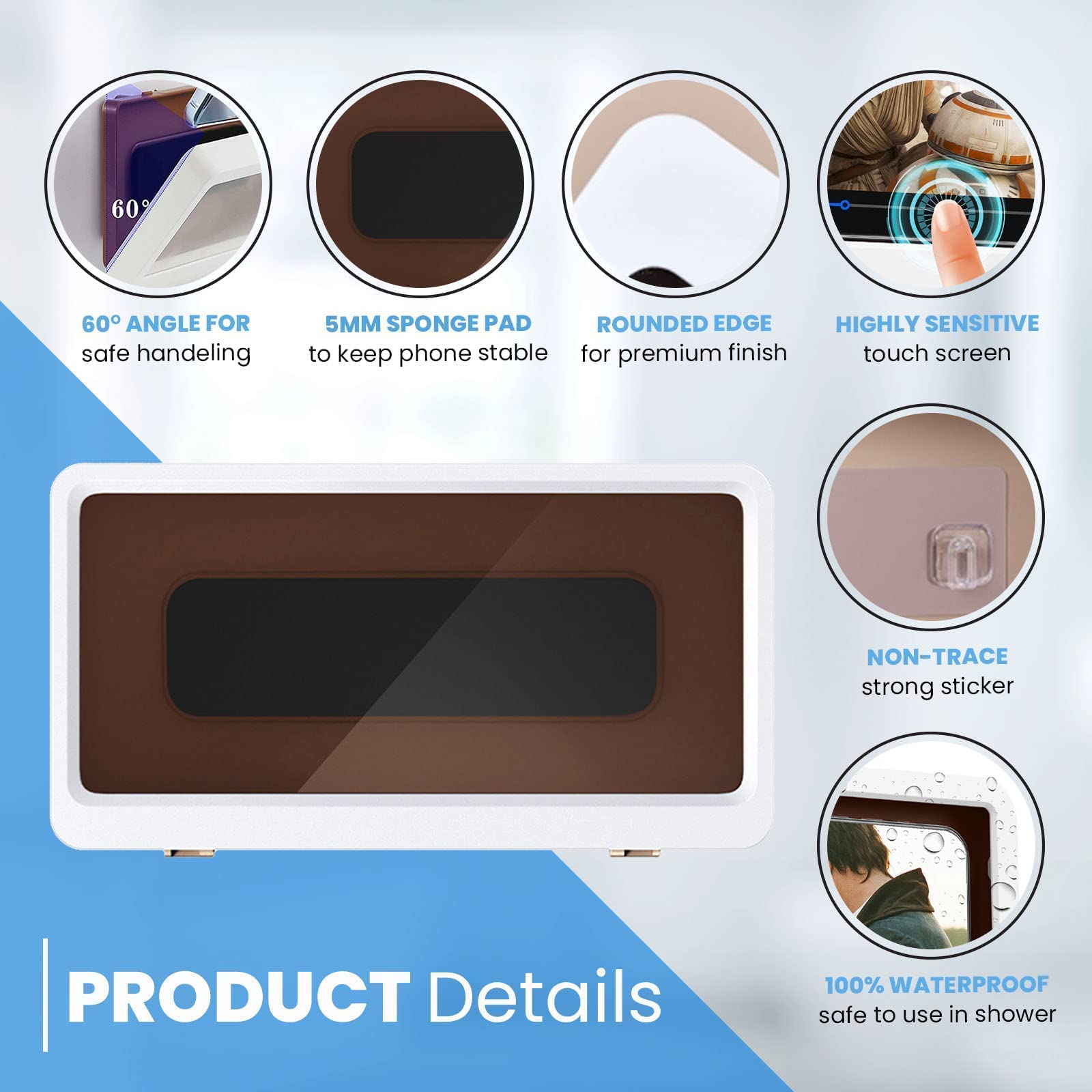 Waterproof Phone Holder Wall Mount - Universal Bathroom & Shower Phone Stand with Strong Adhesive, White - Perfect for Hands-Free Use in Bathroom, Kitchen, or Car