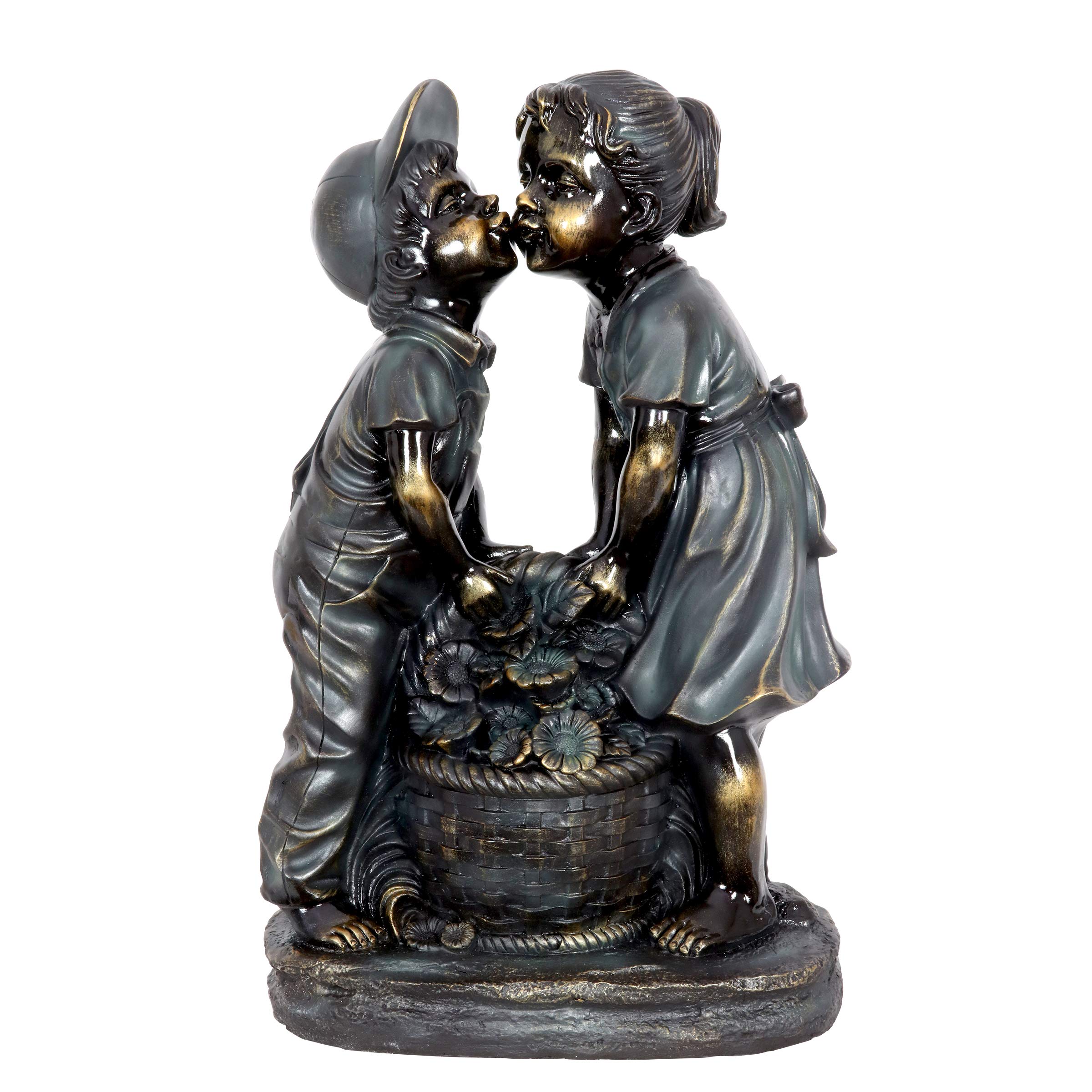 Exhart Romantic Boy Kissing Girl Statue - Patina Finish Couple Garden Sculpture | Faux Bronze Resin Statue for Outdoor Decor | 20 Inch Tall Garden Art for Valentine's Day, Anniversary Gift, or Backyard Decoration