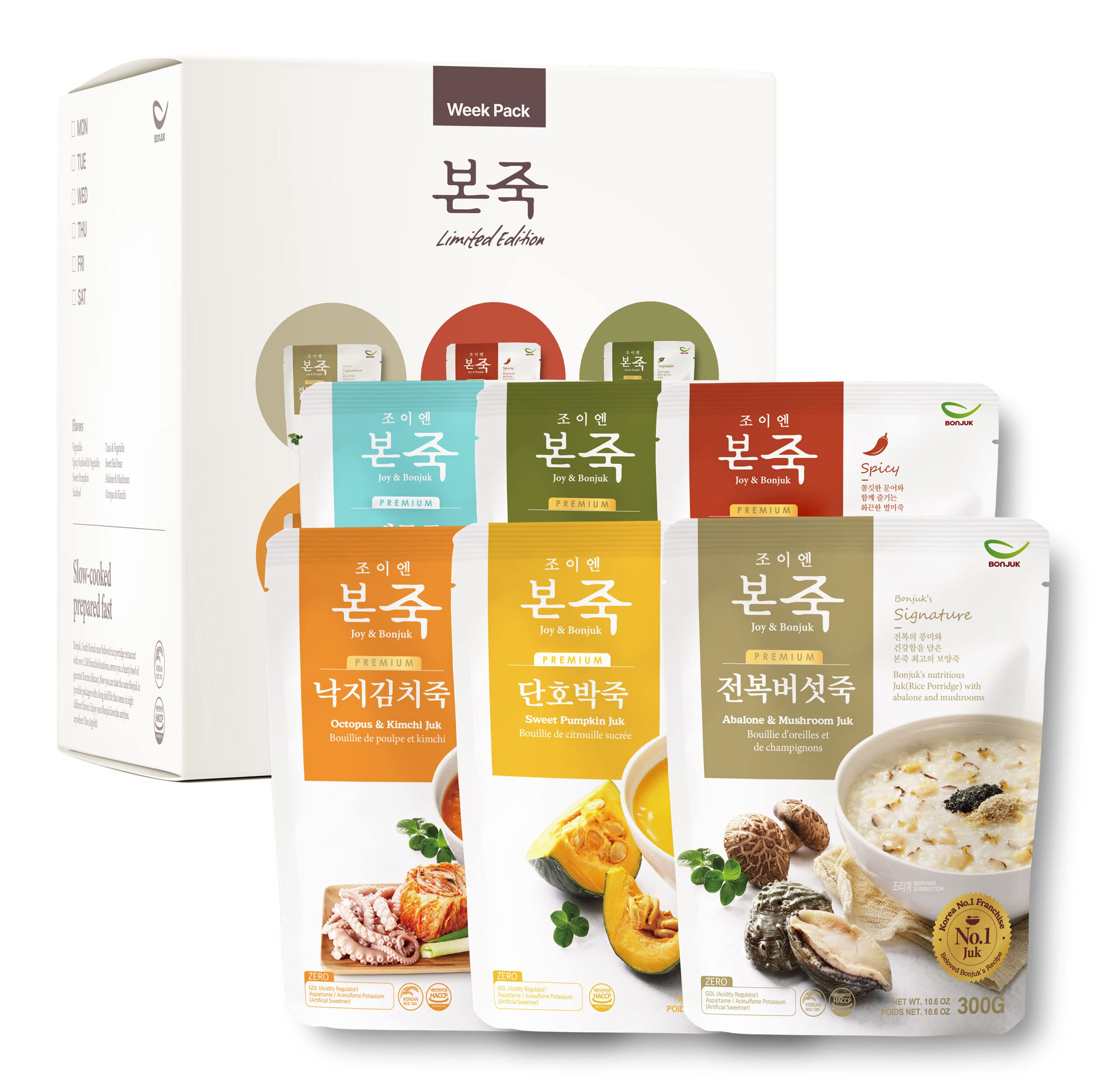 BONJUK Korean Rice Porridge 6-Day Meal Kit – 6 Pack (10.6oz Each) – Abalone Mushroom, Spicy Seafood Jjamppong, Vegetable, Octopus Kimchi, Sweet Pumpkin & Seafood Flavors – Quick Healthy Breakfast & Lunch for Busy Professionals