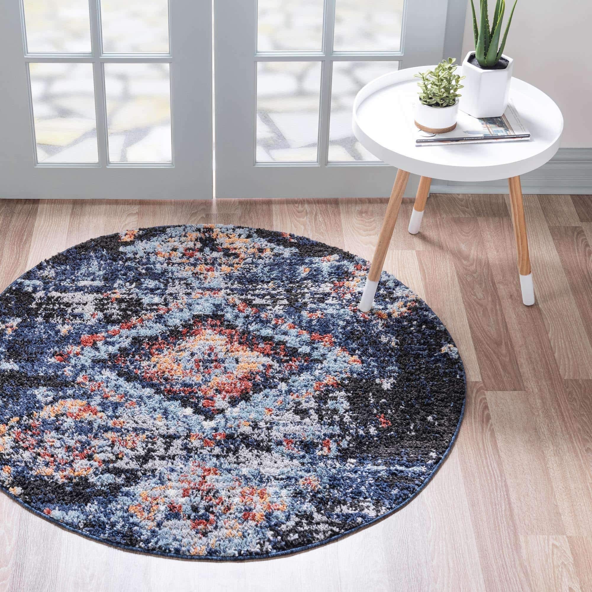 Unique Loom Morocco Collection Medallion Abstract Area Rug - 7' Round Navy Blue & Black Handmade Moroccan Rug for Living Room, Bedroom or Dining Room Decor