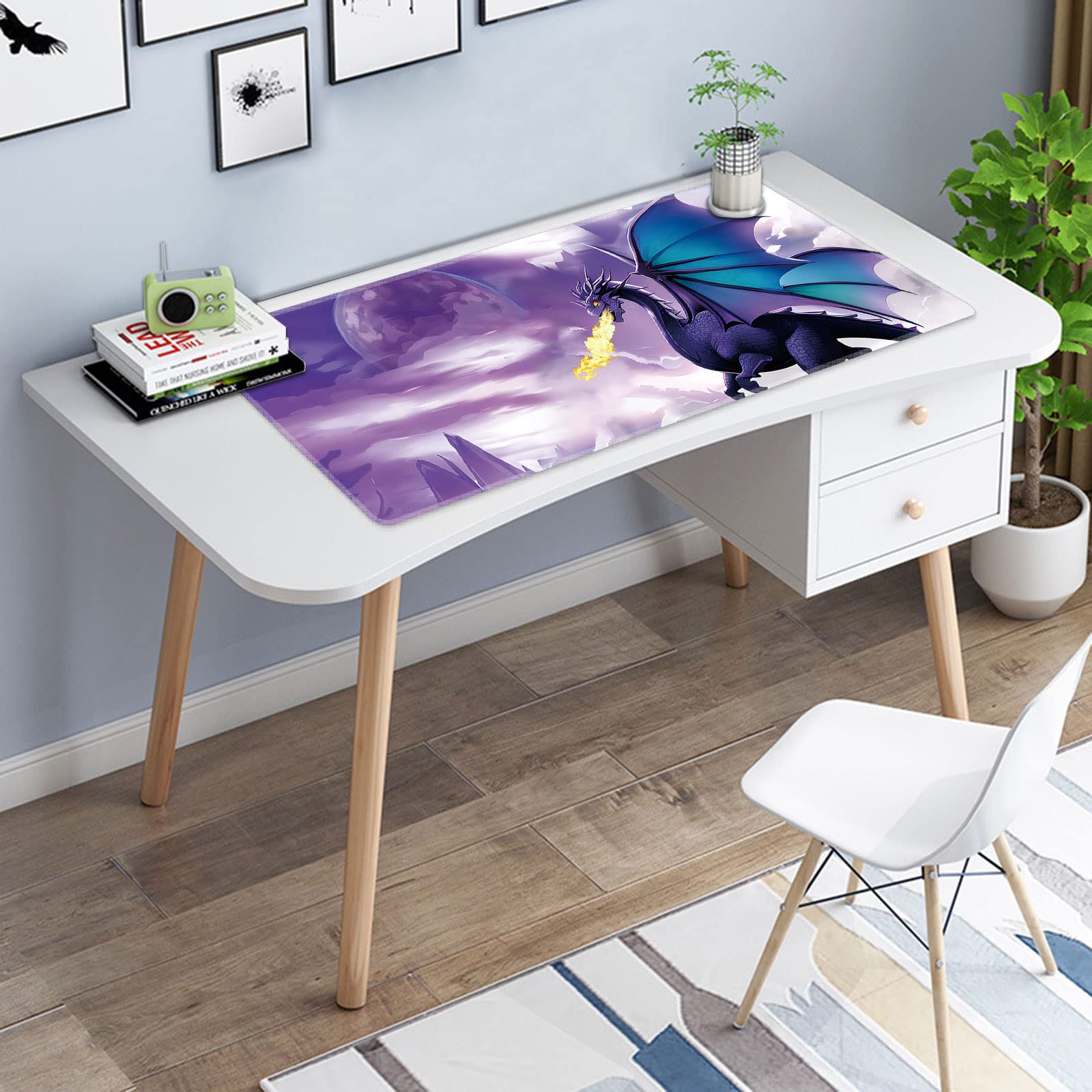 XXL Extended Gaming Mouse Pad (31.5x11.8 Inch) with Stitched Edges & Anti-Slip Base - Purple Dragon Design Desk Mat for Keyboard and Mouse - Perfect for PC Gaming, Office Work, and Home Computer Setup