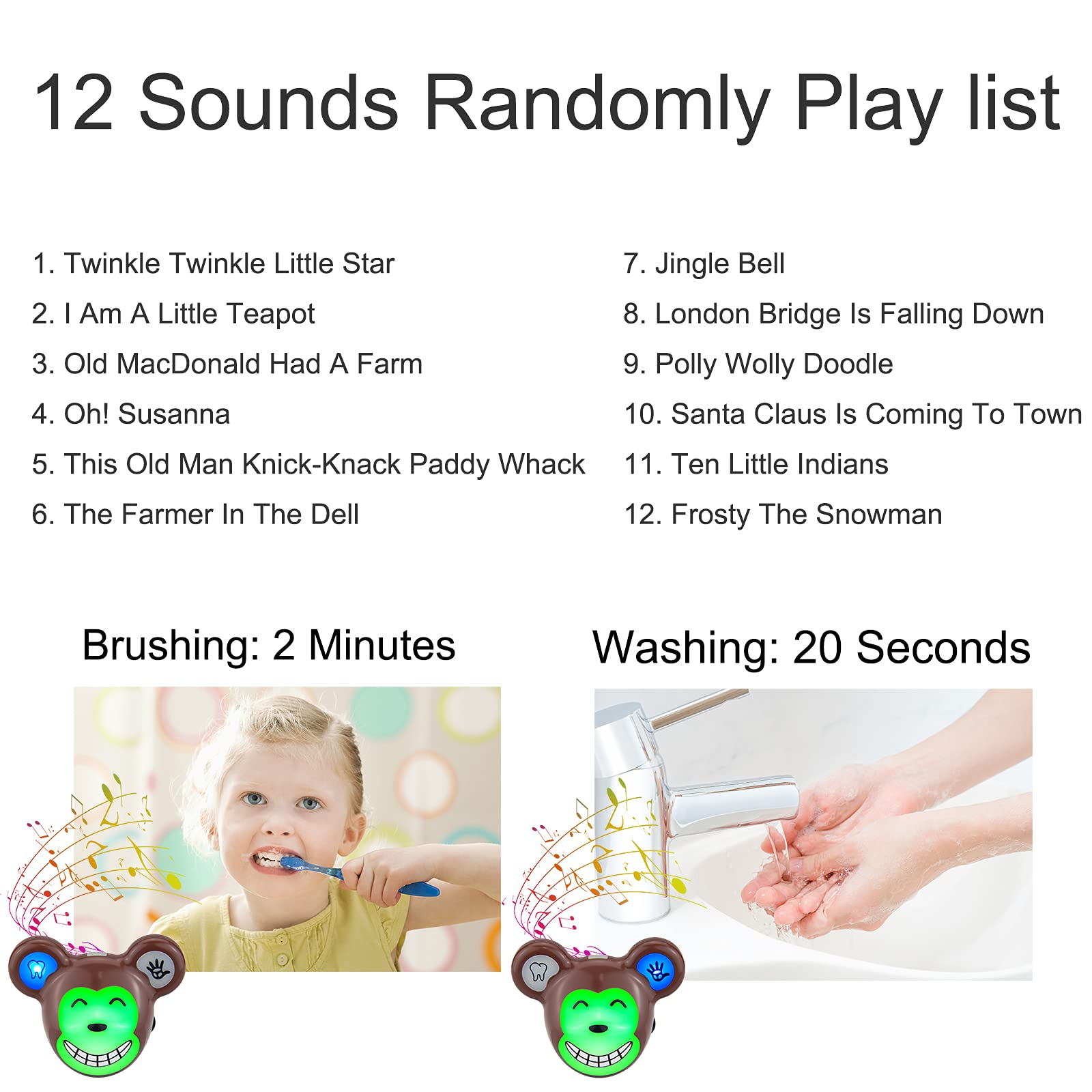 LUXSWAY Cute Animal Toothbrush Timer for Kids - 2 Minute Musical Timer with LED Lights, 20 Second Hand Washing Trainer, Rechargeable Visual Timer for Teeth Brushing & Hygiene Routine (Monkey Design) - Perfect for Bathroom, Preschool & Montessori Learning