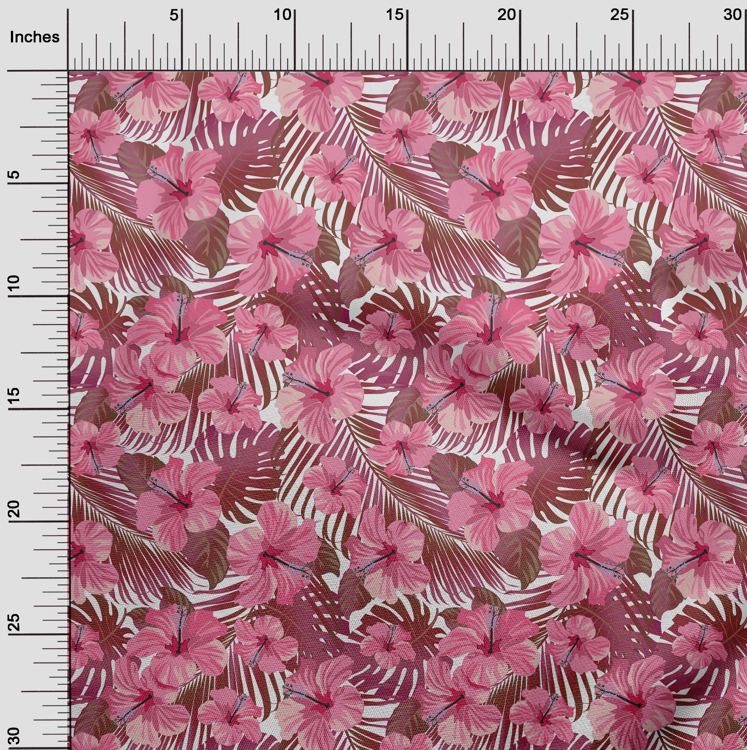 Premium 100% Cotton Poplin Twill Fabric - Pink Tropical Floral Print Dress Material (56