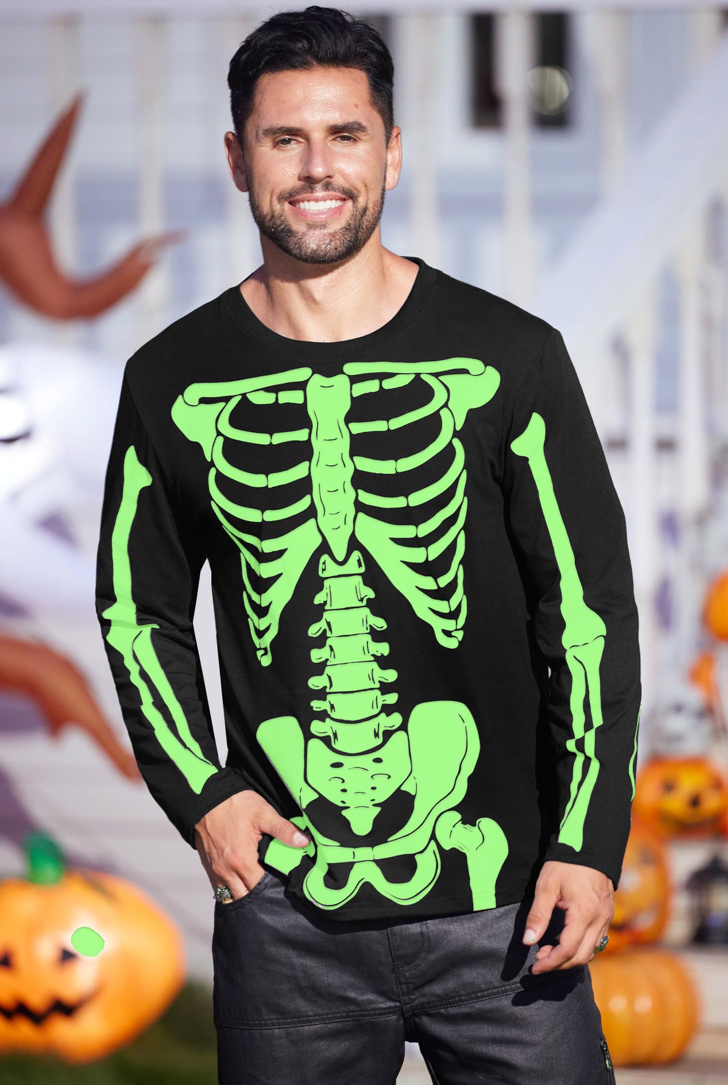 Arvilhill Men's Halloween T-Shirt - Jack O' Lantern Skeleton Design Long Sleeve Shirt | Glow in The Dark | Sizes S-3XL | Perfect for Halloween Parties, Costume Events & Spooky Night Outfits