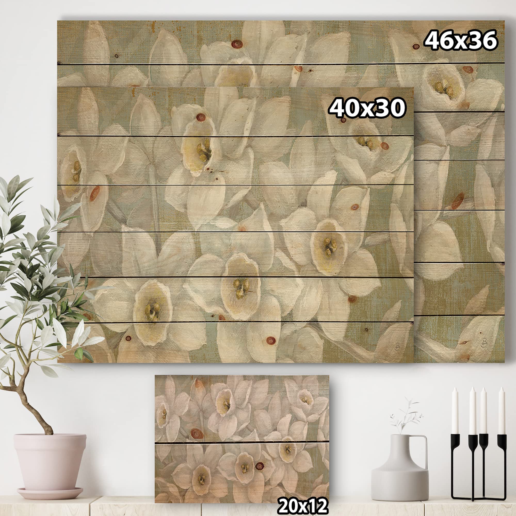 DesignQ Pure Pastel White Flowers Traditional Wood Wall Decor - Yellow Floral Wood Wall Art - Large Pine Wood Wall Panels with Hand-Painted Floral Design - Perfect for Living Room, Bedroom & Office Decoration