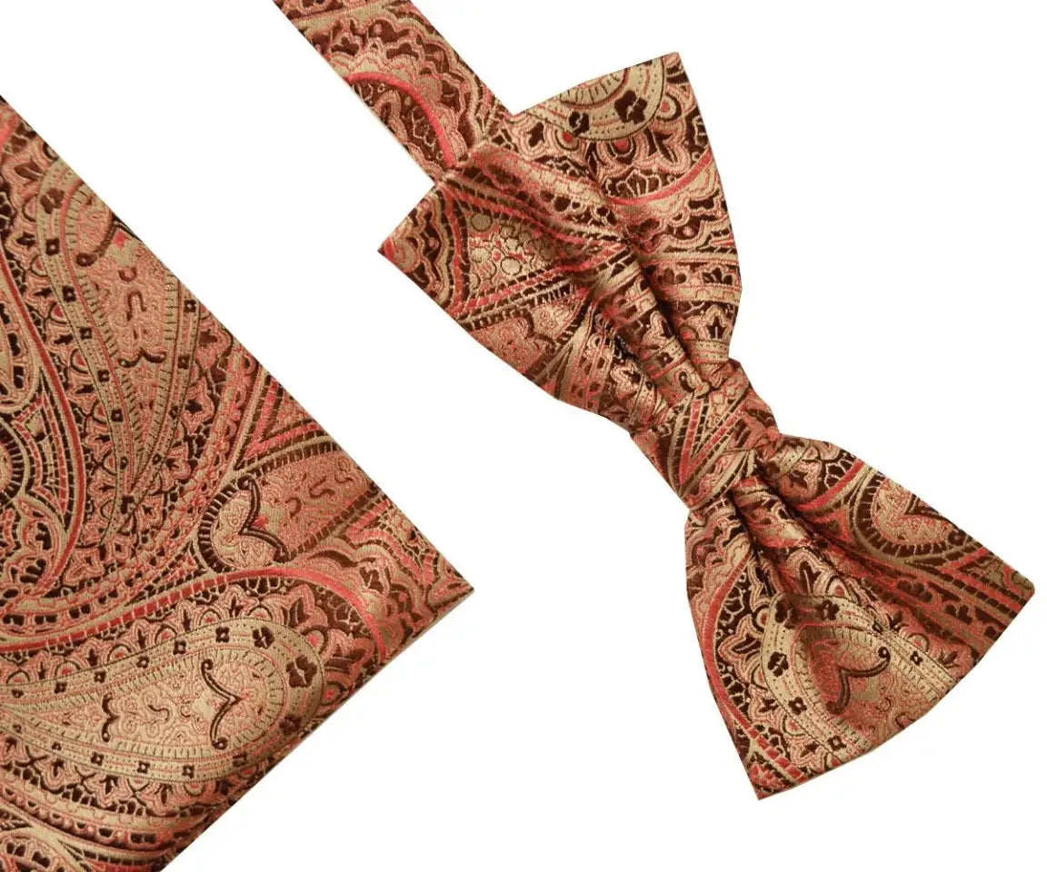L.A. Smith Pink Ecru Paisley Silk Bow Tie & Pocket Square Set - Elegant Formal Accessories for Weddings, Prom & Special Occasions
