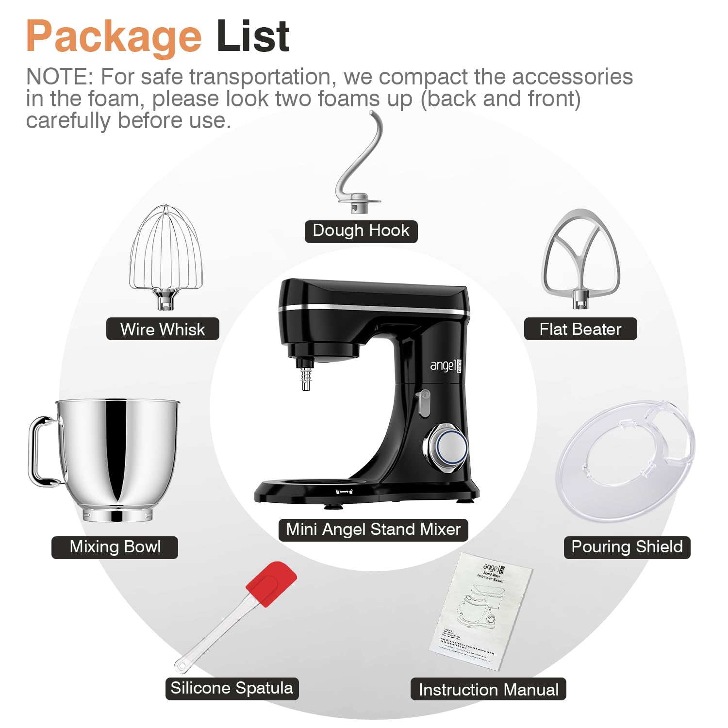 5-Quart Mini Angel Electric Stand Mixer with Dough Hook, Flat Beater & Wire Whisk - 10+ Speed Settings & Splash Guard - Perfect for Baking, Cooking & Meal Prep (Black)