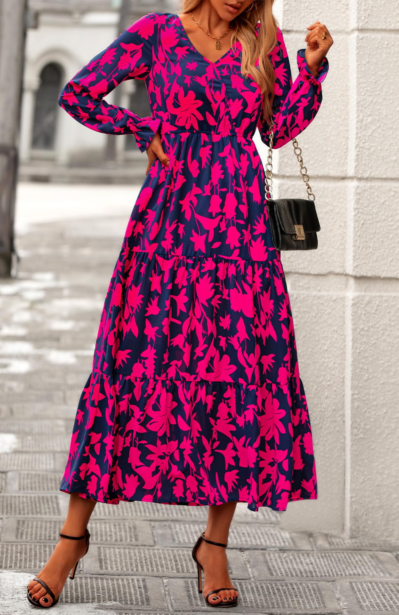 BTFBM Women's Floral Boho Maxi Dress 2025 - Long Sleeve V-Neck Casual Spring Dress for Wedding Guest, Beach, Party & Everyday Wear