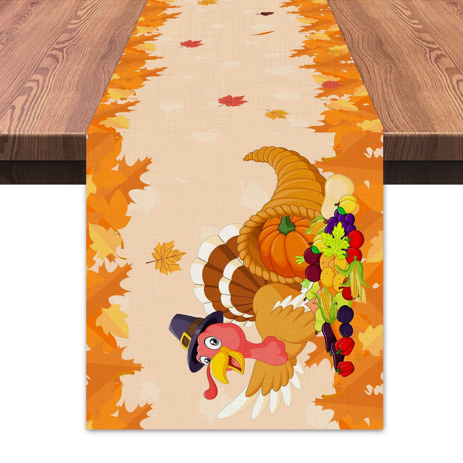 Thanksgiving Table Runner - Turkey with Pumpkins & Maple Leaves Fall Decor, 13x72 Inch Farmhouse Tablecloth for Holiday Dining, Kitchen, Coffee Table | Perfect for Thanksgiving Dinner, Christmas Decorations, and Autumn Home Parties