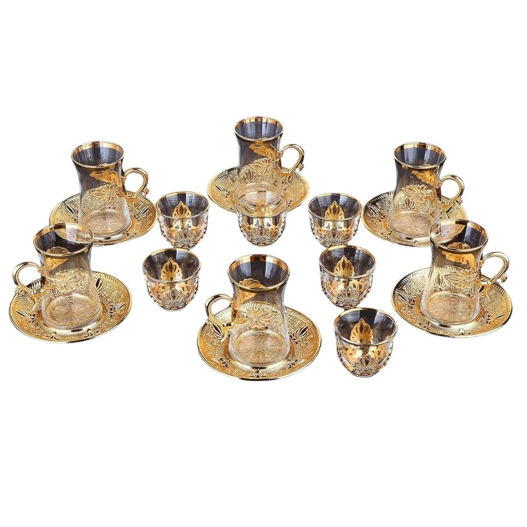 Vintage Handmade Turkish Tea Glasses Set of 6 with Saucers & Holder - Ottoman Style Mırra Cups for Serving Guests, Tea Time & Dinner - Elegant Gold Tableware for Housewarming Gifts & Special Events