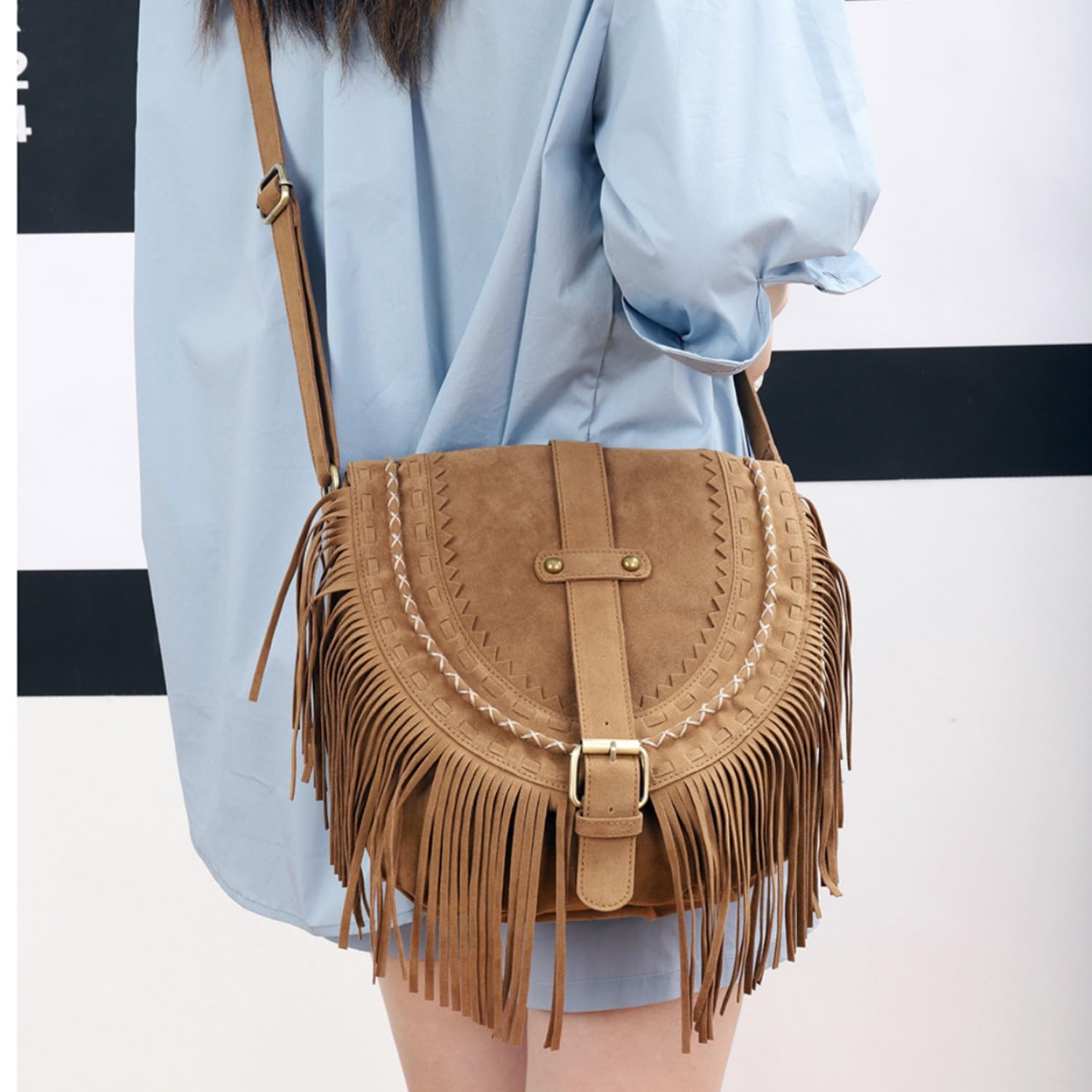 JOLLQUE Women's Suede Crossbody Bag with Tassel - Bohemian Sling Shoulder Purse for Travel, Shopping & Daily Use | Lightweight & Stylish Handbag for Outfits, Work & Casual Wear