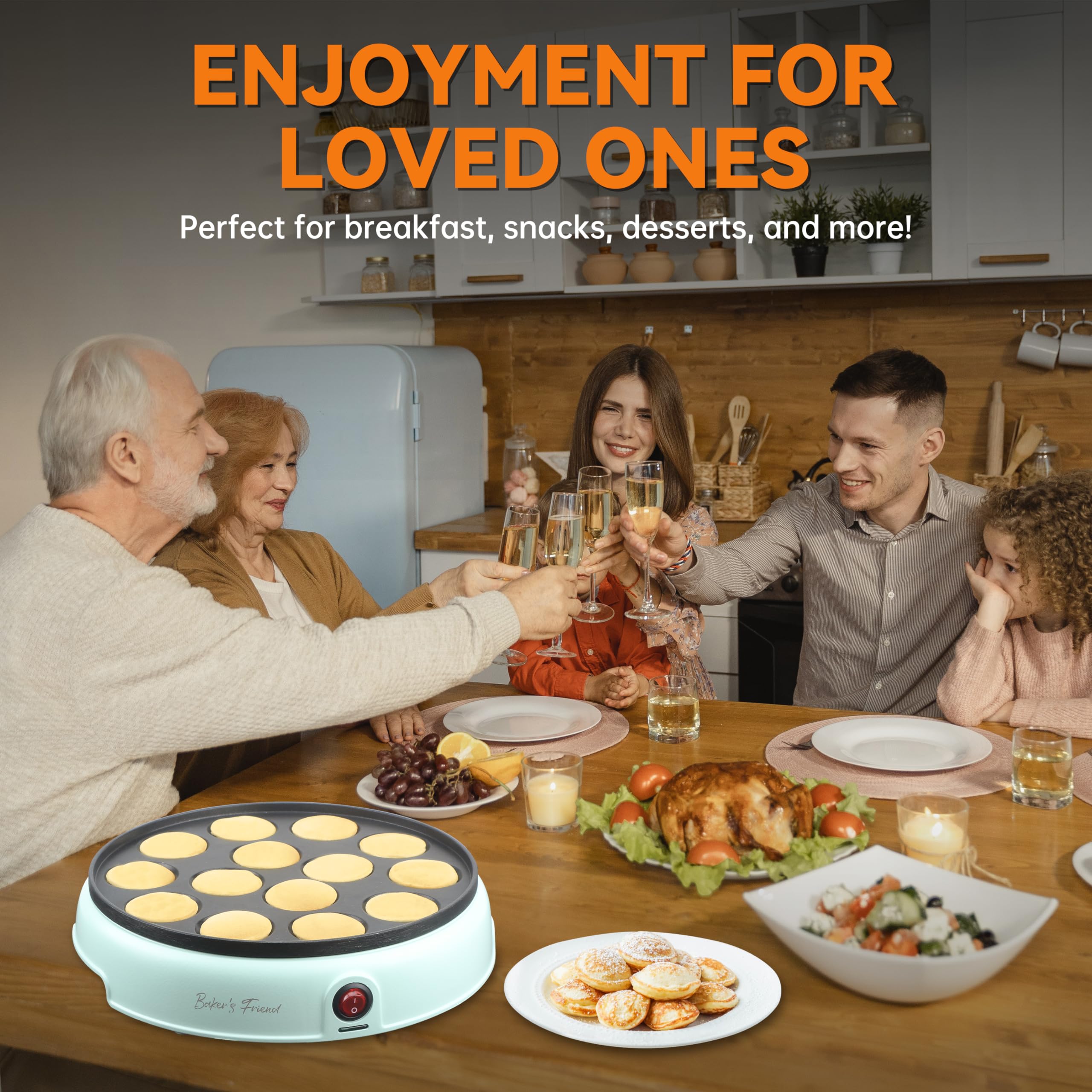Baker's Friend Mini Pancakes Maker Machine - 14-Hole Electric Poffertjes Pan & Dutch Mini Pancake Griddle | Perfect for Breakfast, Snacks, Desserts | Quick & Easy Homemade Pancakes | Aquamarine Blue | Ideal for Family Breakfast, Kids' Parties & Holiday Brunches