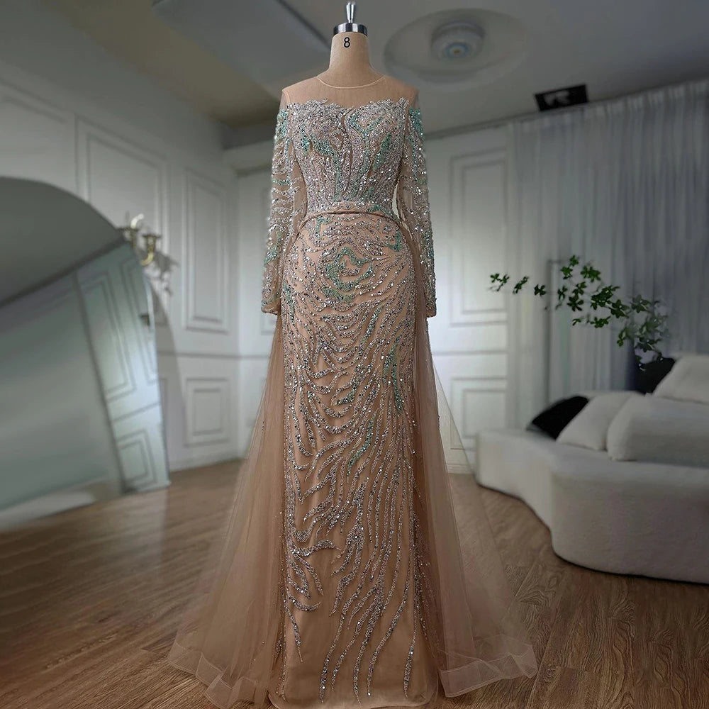 Elegant Muslim Mermaid Evening Gown with Beaded Overskirt & High Slit - Long Formal Dress for Women - Wedding, Prom, Gala & Special Occasions - Serene Hill Collection LA71995