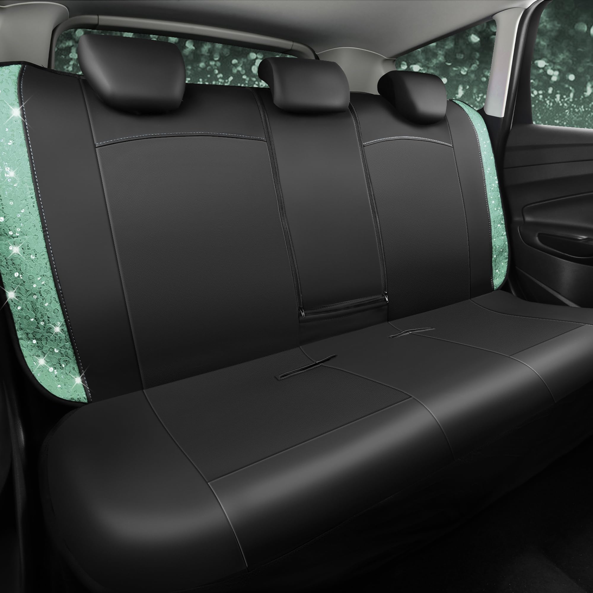 Universal Mint Leather Lace Car Seat Covers Full Set with Waterproof Floor Mats & Glitter Steering Wheel Cover - 10PC Car Interior Accessories for Women | Perfect for Daily Commute, Road Trips & Car Decor