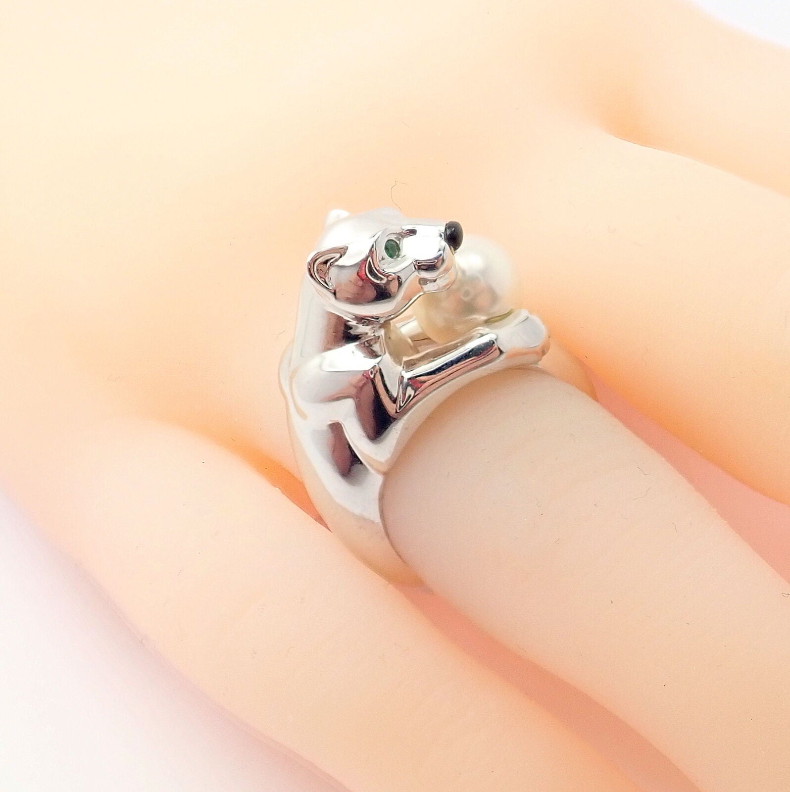 Authentic Cartier 18K White Gold Panther Panthere Ring with Onyx, Tsavorite & Pearl - Luxury Jewelry for Women, Perfect for Weddings, Anniversaries & Special Occasions