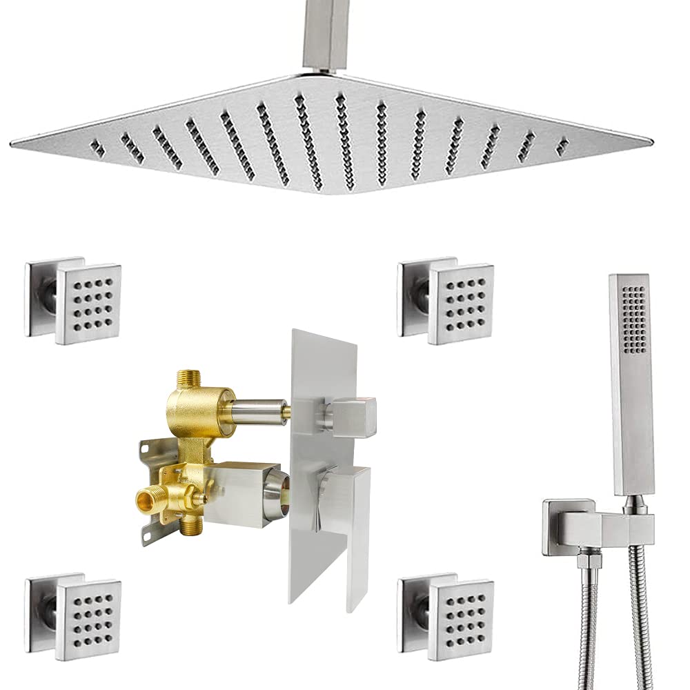 16 Inch Rain Shower System with Full Body Jets - Ceiling Mount Rainfall Shower Head & Handheld Spray - Pressure Balance Valve Kit in Brushed Nickel for Luxurious Spa-Like Bathroom Experience