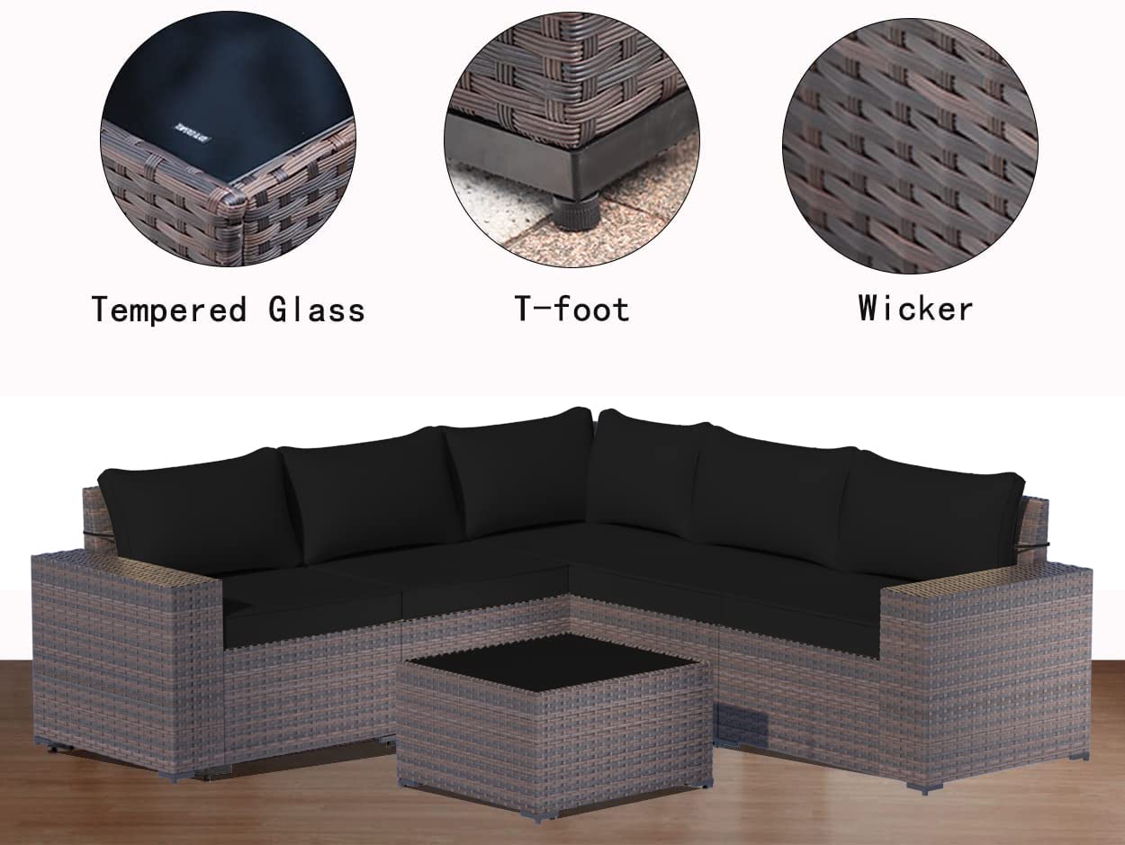 7-Piece Outdoor Patio Furniture Set with Propane Fire Pit - High Back PE Wicker Rattan Sofa Conversation Set - Sectional Patio Furniture with Tempered Glass Table & Gas Fire Pit (Black) - Perfect for Backyard, Garden, Poolside & Outdoor Entertaining