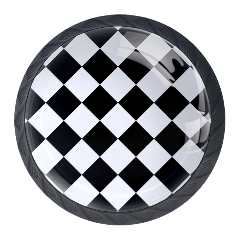 4-Piece Round Cabinet Knobs - White & Black Checkered for Kitchen & Wardrobe