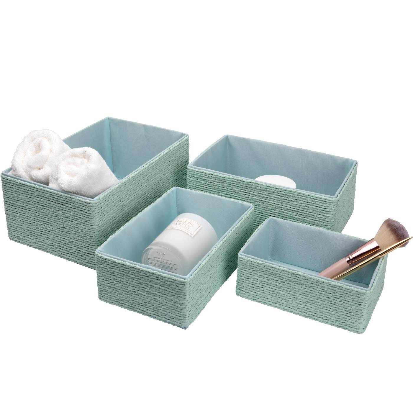 LA JOLIE MUSE 4-Piece Stackable Woven Storage Basket Set - Natural Paper Rope Bins for Makeup, Closet, Bathroom & Bedroom Organization (Light Green) | Perfect for Home Decor, Nursery Storage & Laundry Room Essentials