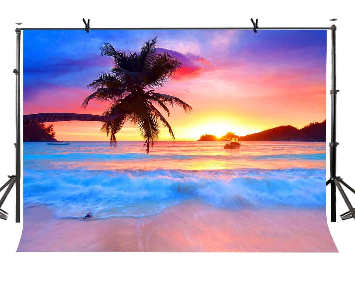 Beach Backdrop with Seaside Palm Tree & Sunset - Photography Background for Vacation Photos, Party Decor, Social Media & Home Wall Art
