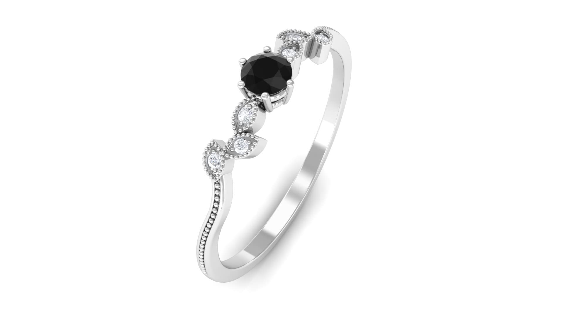 14K Solid Gold Black Spinel & Diamond Promise Ring - Minimalist Gold Leaf Engagement Ring for Women, Perfect for Anniversaries, Proposals & Special Occasions