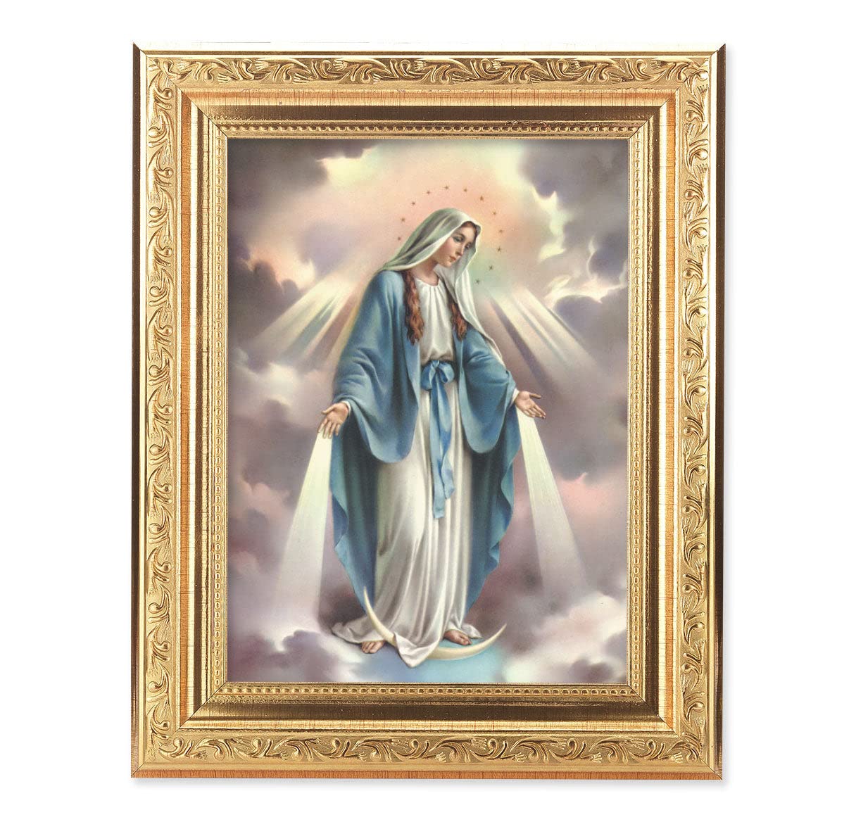 Our Lady of Grace Framed Wall Art - Medium Size Gold Leaf Antique Finish with Acanthus Leaf Design - Perfect for Home Decor, Church Altars & Gift Giving