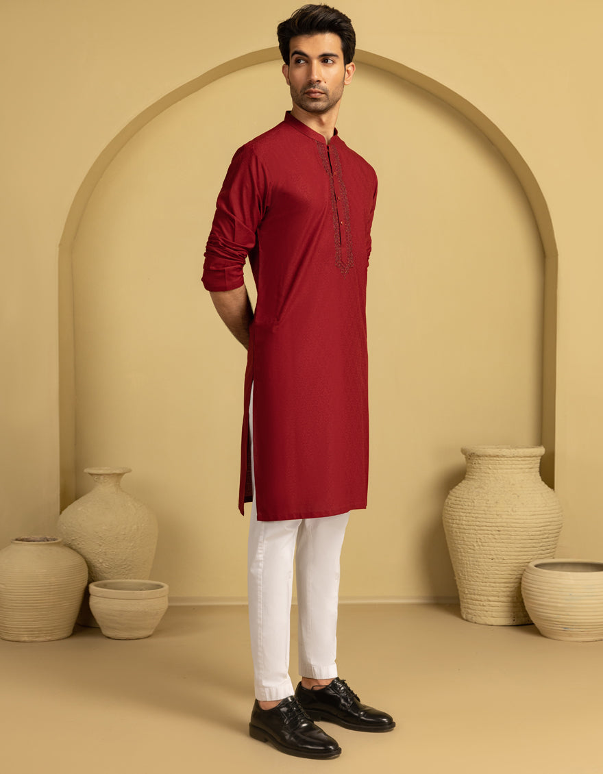 Stylish Blended Red Kurta by J. Junaid Jamshed - Perfect for Festivals, Weddings & Casual Wear