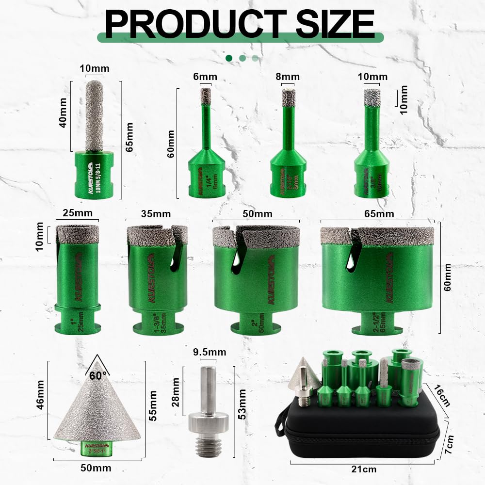Premium Diamond Core Drill Bit Set - 10pc (6/8/10/25/35/50/65mm) with 2