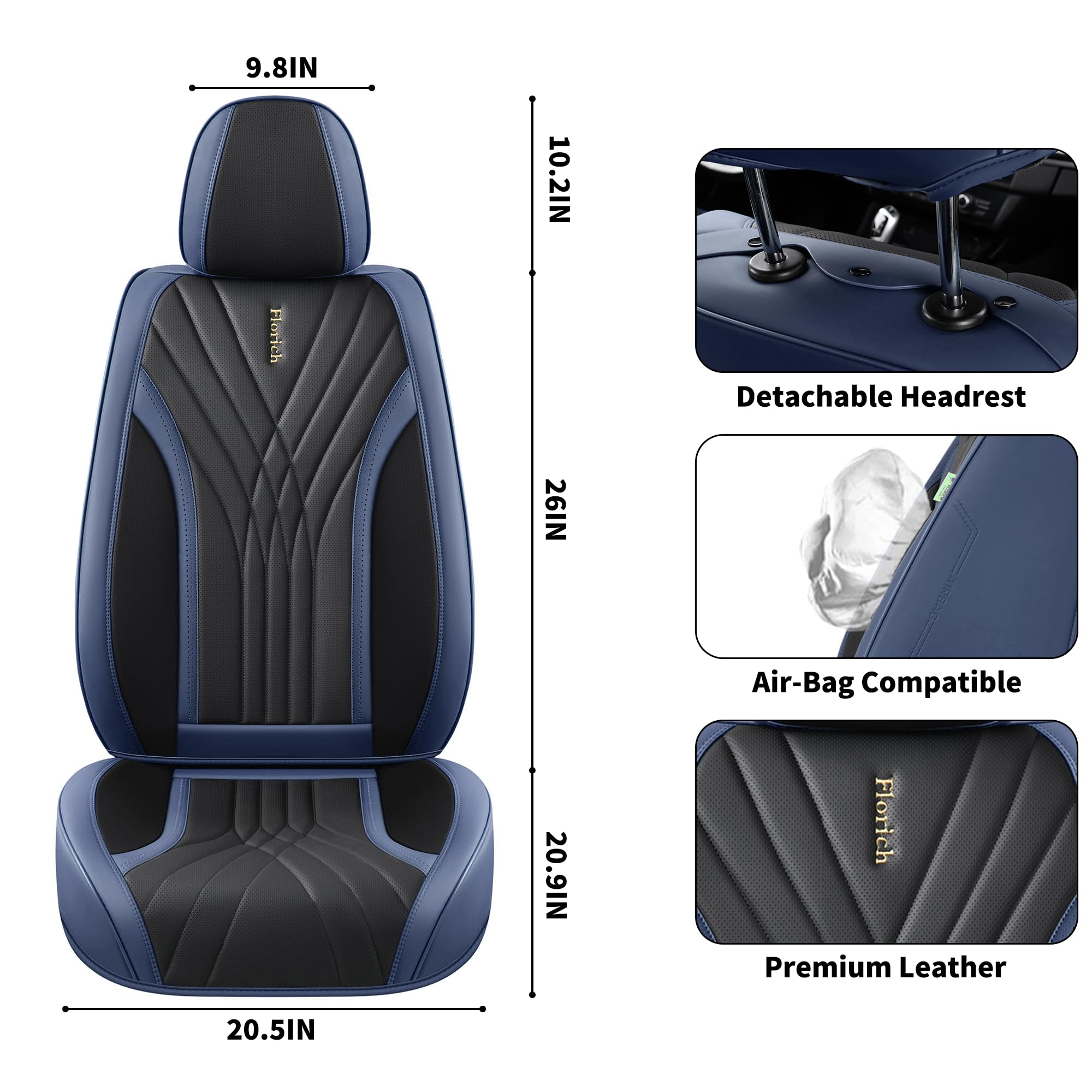 Premium FLORICH Front Seat Covers - 2-Piece Waterproof Leatherette Car Seat Protectors (Black & Blue) for Sedan, SUV & Pickup Trucks | Luxury Comfort & Vehicle Interior Protection for Daily Commute, Road Trips & Family Travel