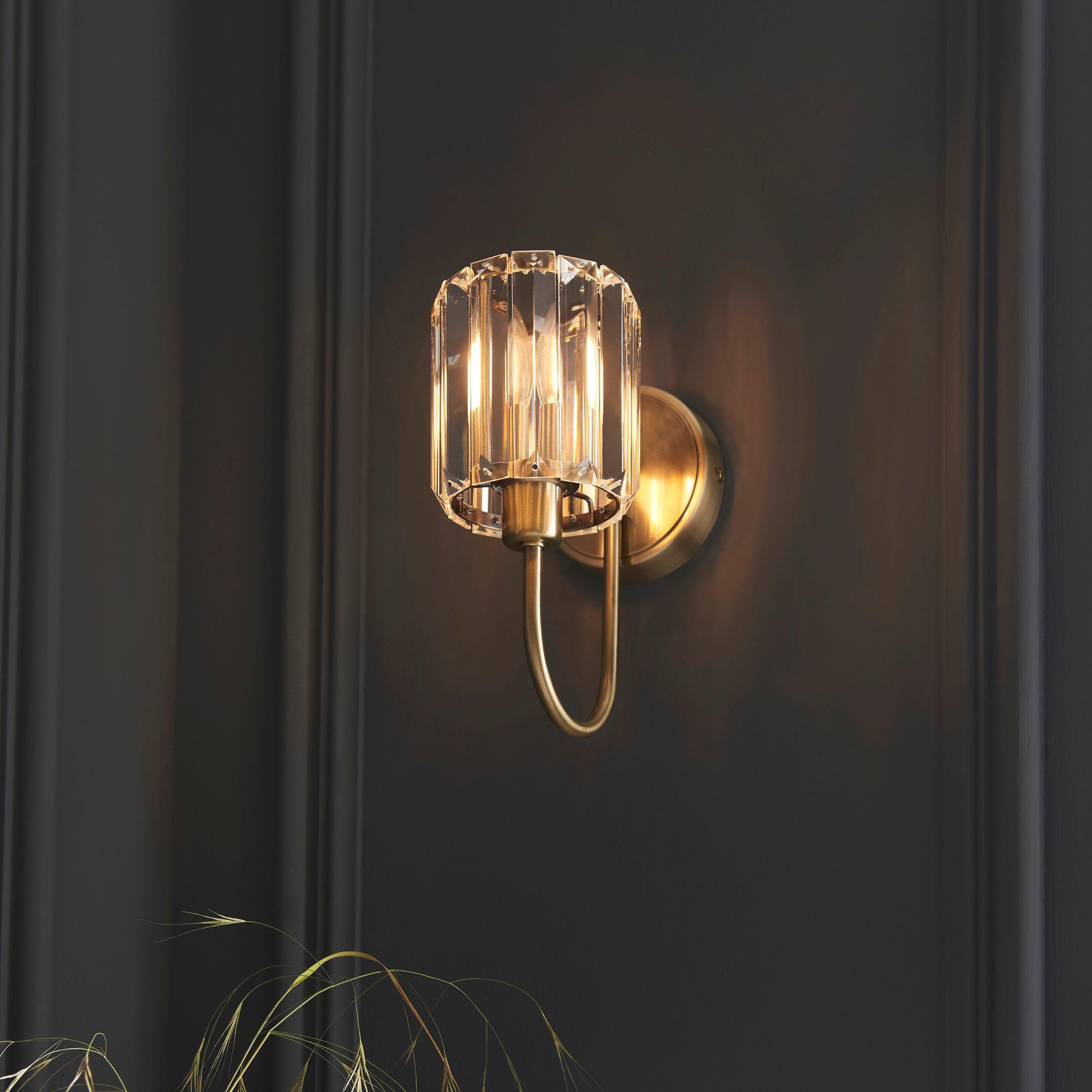Berenice Brass Wall Light with Clear Cut Glass Shade - Elegant Vintage Sconce for Living Room, Bedroom, and Hallway Lighting