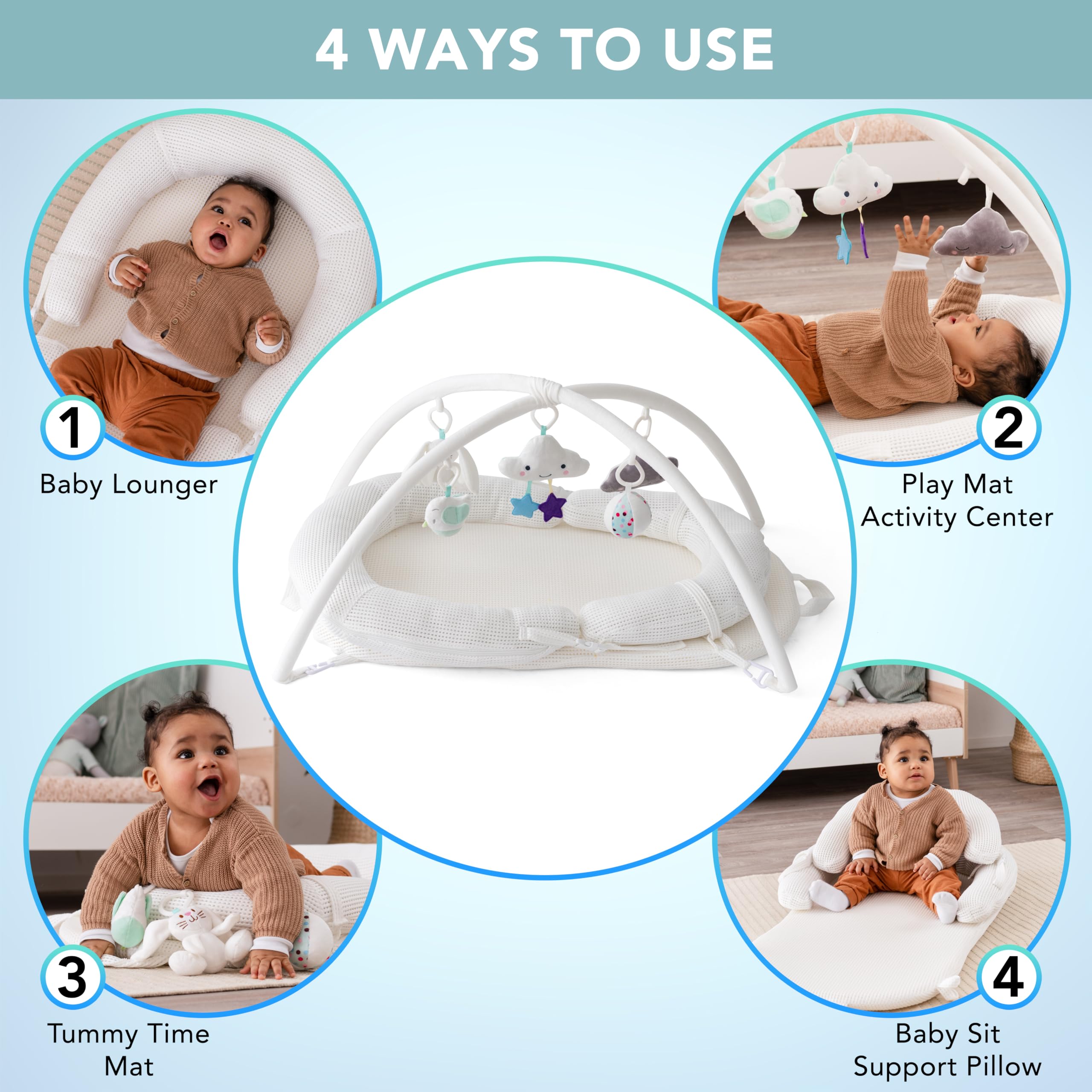 4-in-1 Baby Lounger & Tummy Time Play Mat with Sit-Up Chair - Newborn Essentials for Playtime, Napping & Learning - Perfect Baby Shower Gift & Registry Must-Have