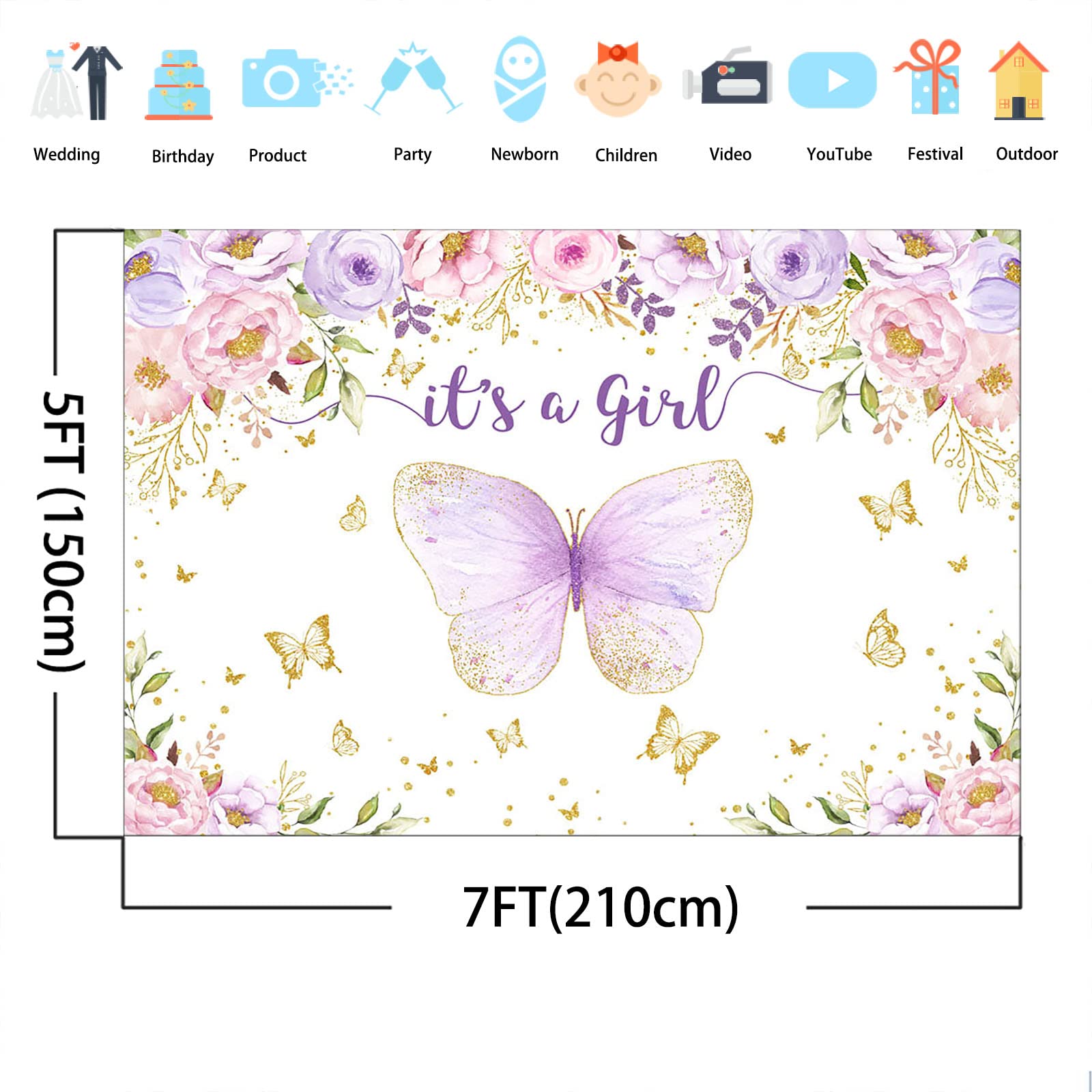 Purple & Pink Floral Gold Dot Butterfly Baby Shower Backdrop - 7x5ft It's a Girl Party Decor, Photo Booth Banner for Baby Shower, Gender Reveal & Nursery Decorations