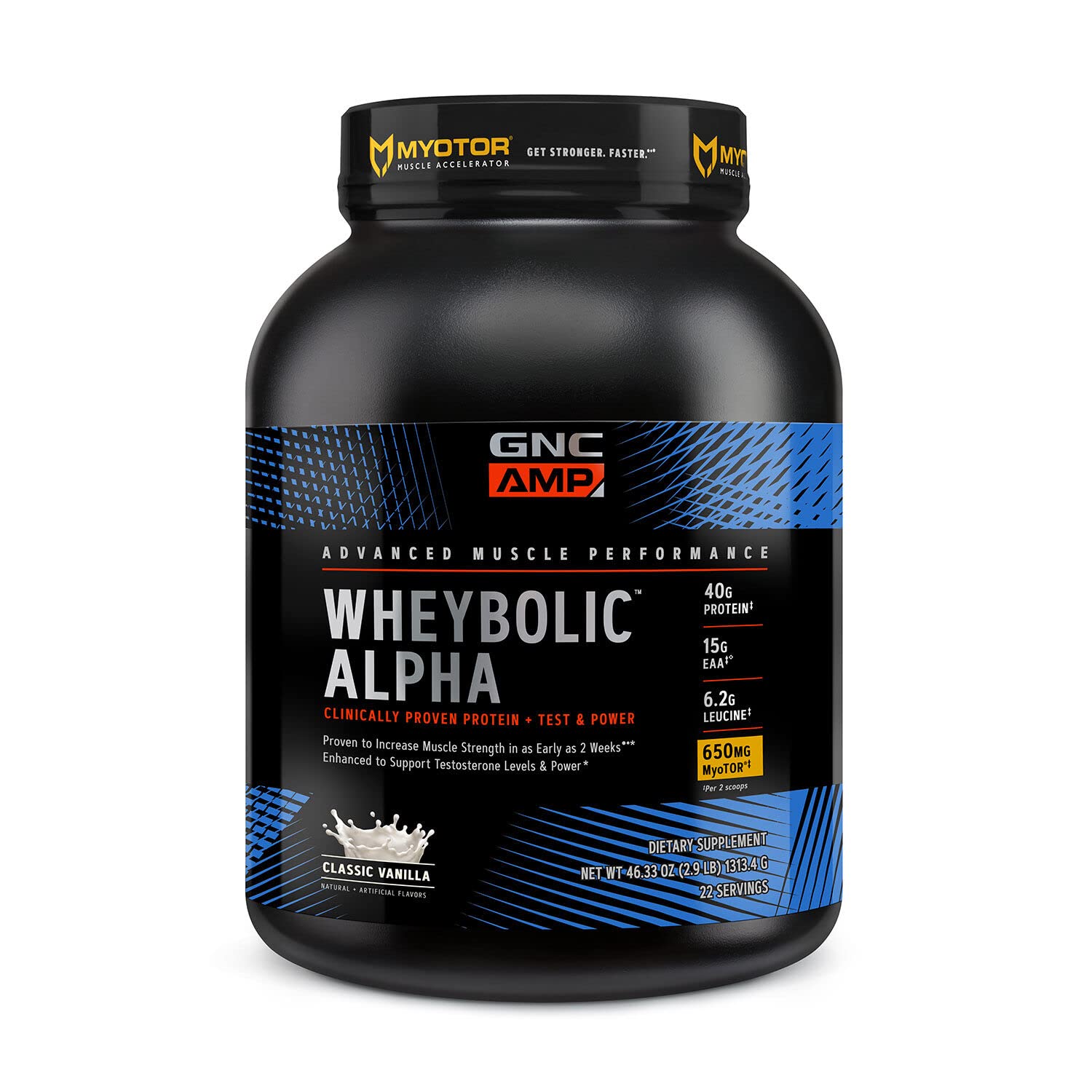 GNC AMP Wheybolic Alpha with MyoTOR Protein Powder - 40g Protein per Serving for Muscle Growth & Recovery | BCAA Enriched Workout Supplement | Supports Testosterone Levels | 22 Servings Classic Vanilla Flavor | Ideal for Post-Workout, Gym Training & Fitness Enthusiasts