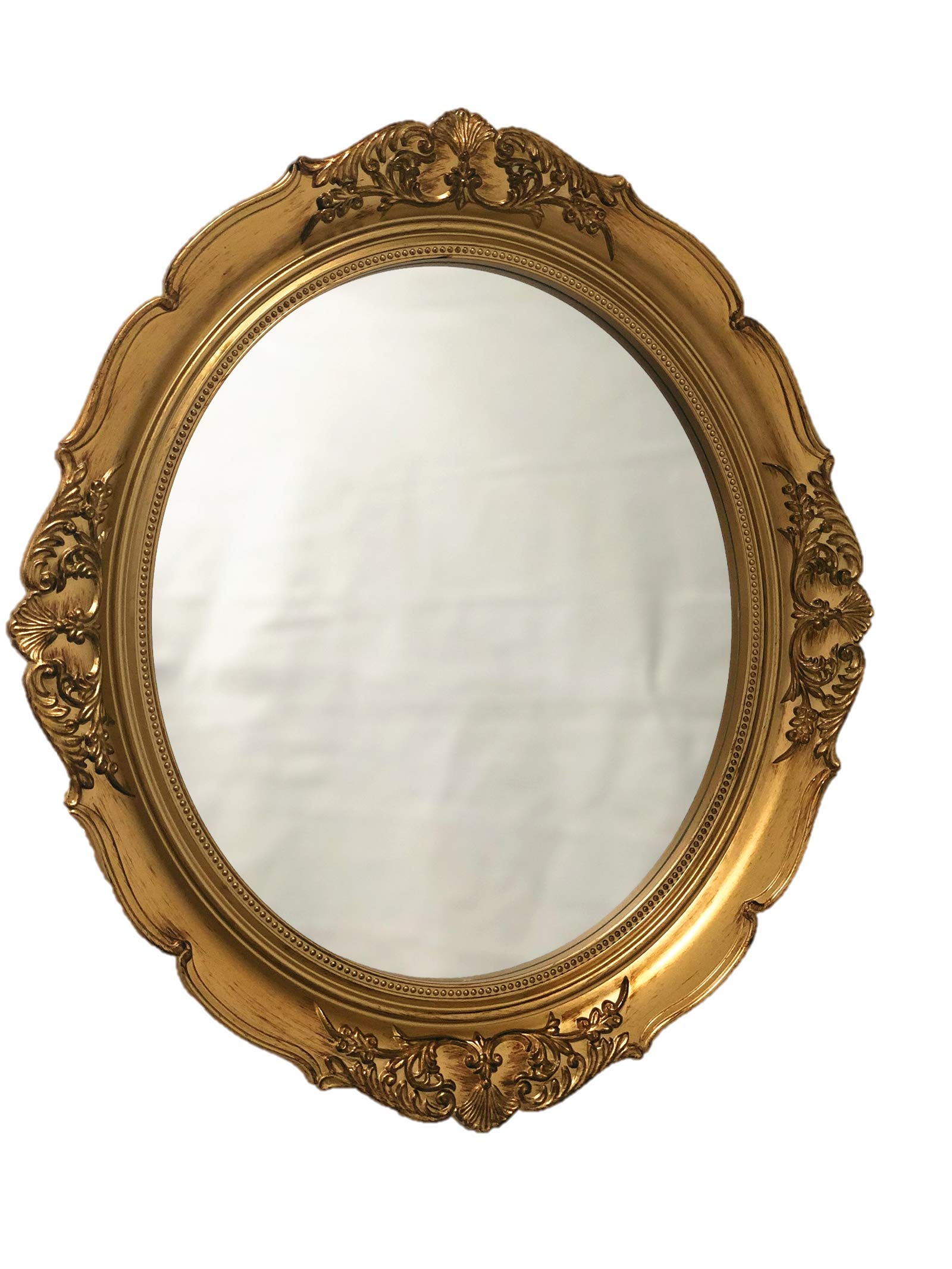 Vintage Carved Golden Oval Wall Mirror - 15”x13.4” Decorative Hanging Mirror for Bedroom, Living Room & Dresser Decor | Perfect for Jewelry Display, Cosmetics Organizer & Home Staging