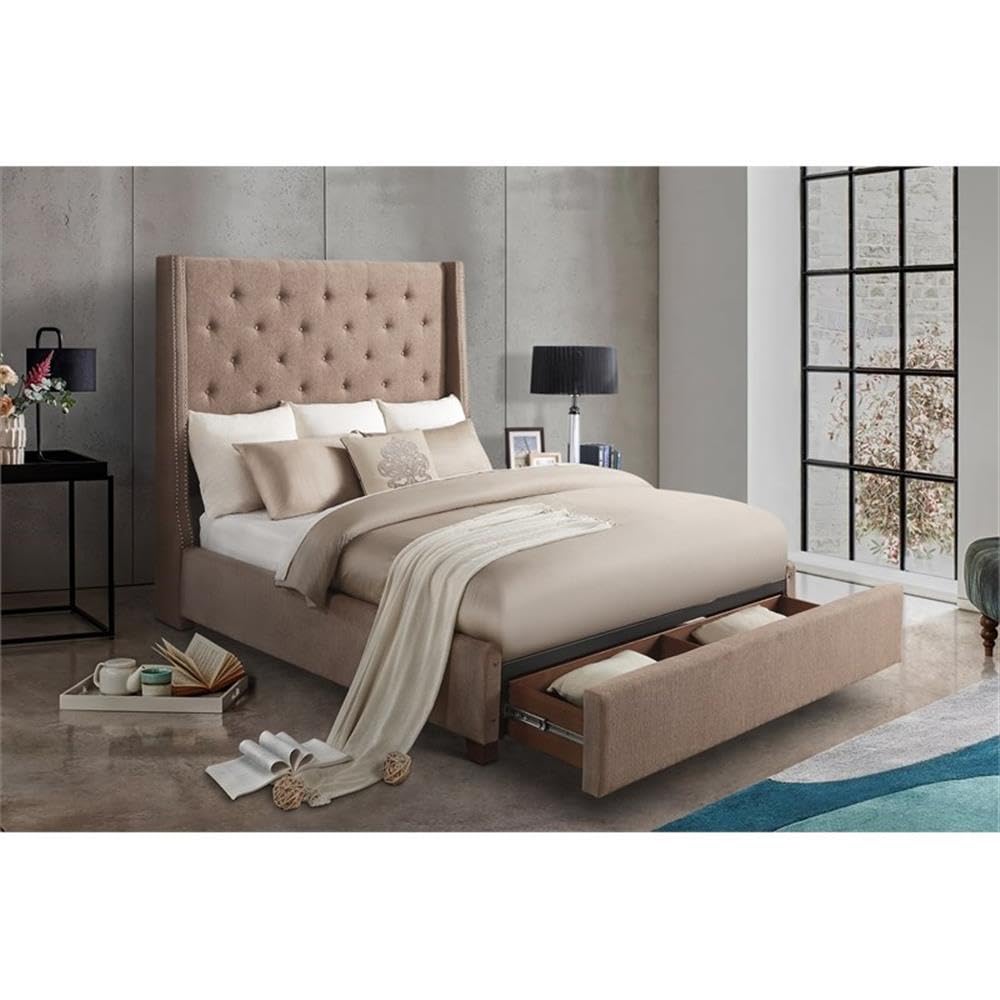 Lexicon Fairborn Fabric Queen Bed Frame with Storage Drawers - Brown Upholstered Platform Bed for Small Spaces | Bedroom Furniture with Underbed Storage for Organization