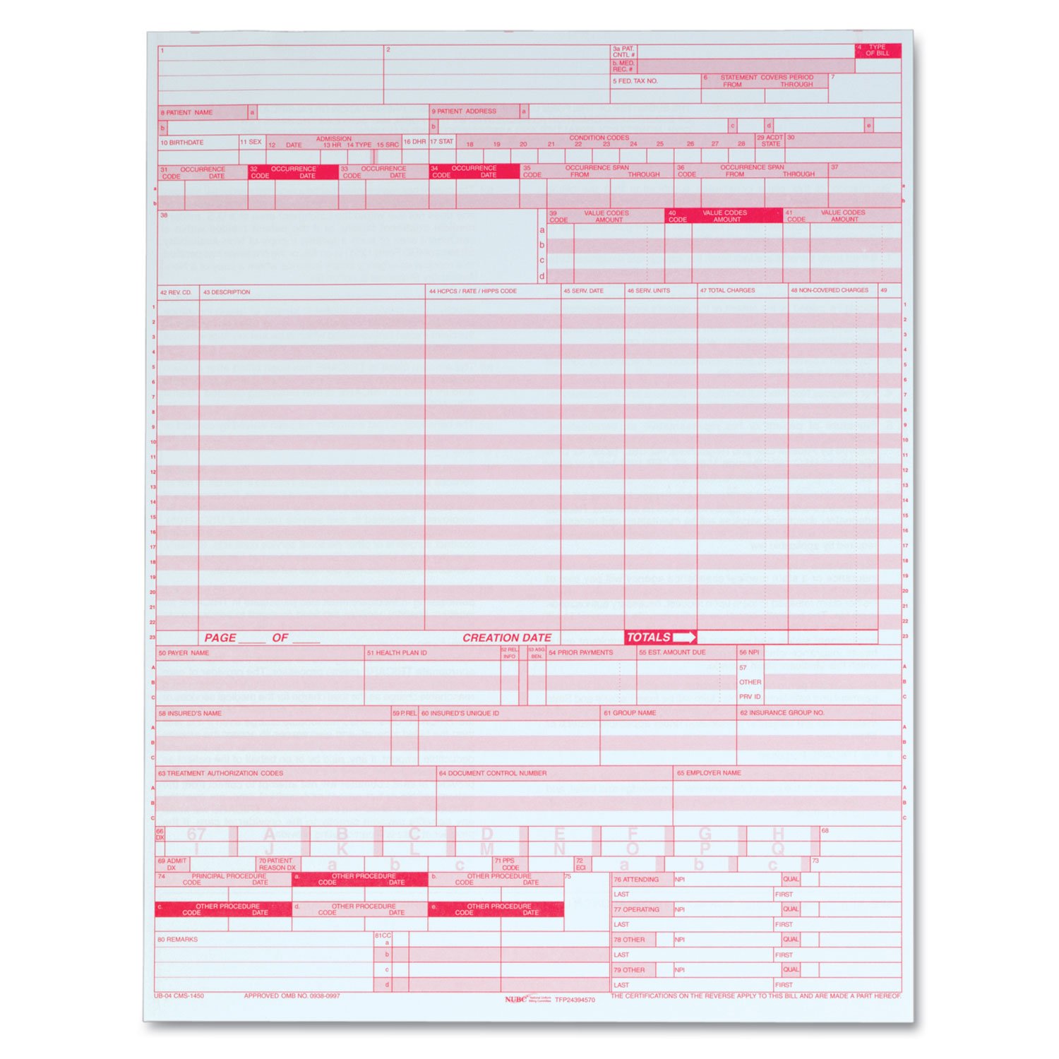 Adams UB-04 Continuous Hospital Insurance Claim Forms - 1 Part Laser Forms, 8.5