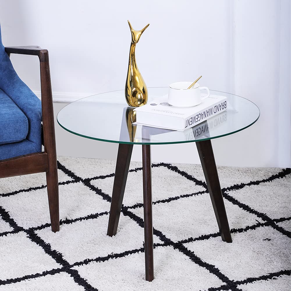 Round Tempered Glass End Table - Modern Minimalist Coffee Table with Triskele Walnut Wood Legs (23.6