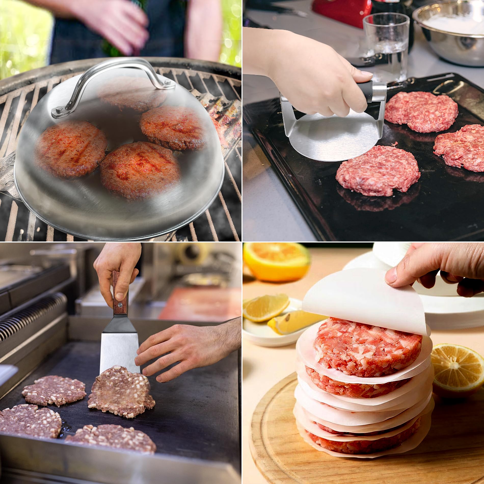 Premium Stainless Steel Burger Press Set - Smash Burger Maker with Metal Spatulas, Burger Dome, Wax Disc Papers & Squeeze Bottles - Perfect for BBQ, Grilling & Restaurant-Style Burgers at Home