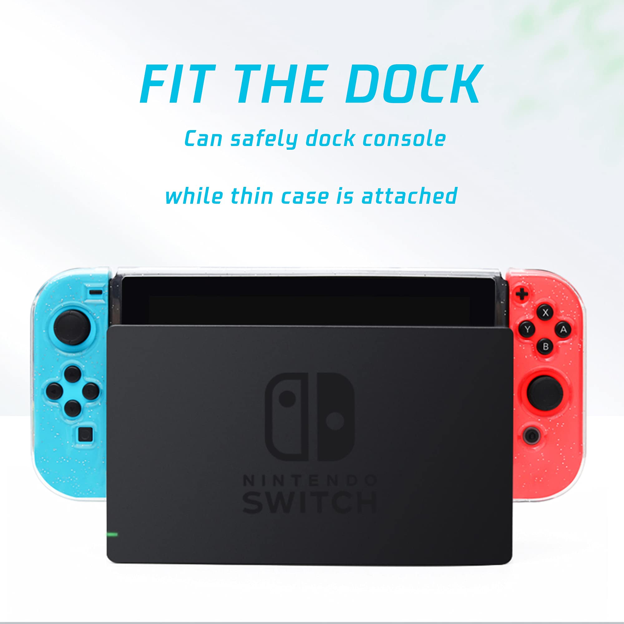 Glitter Clear Hard Shell Protective Case for Nintendo Switch & Joy-Con - Dockable Transparent Cover with 2 Bling Thumb Grips | Gaming Accessories for Travel & Home Entertainment