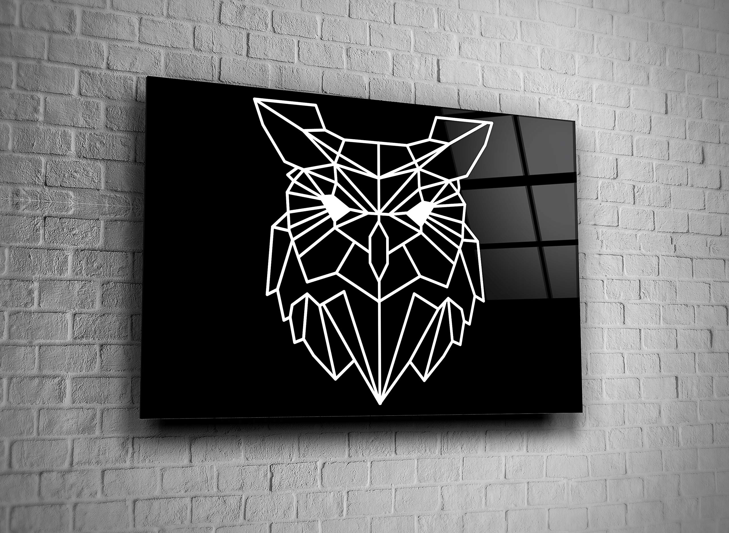 Owl Geometric Black and White Wall Art - Modern Office Decor Print on Tempered Glass - Unique Home & Office Gift for Nature Lovers (Perfect for Living Room, Bedroom or Workspace Décor)